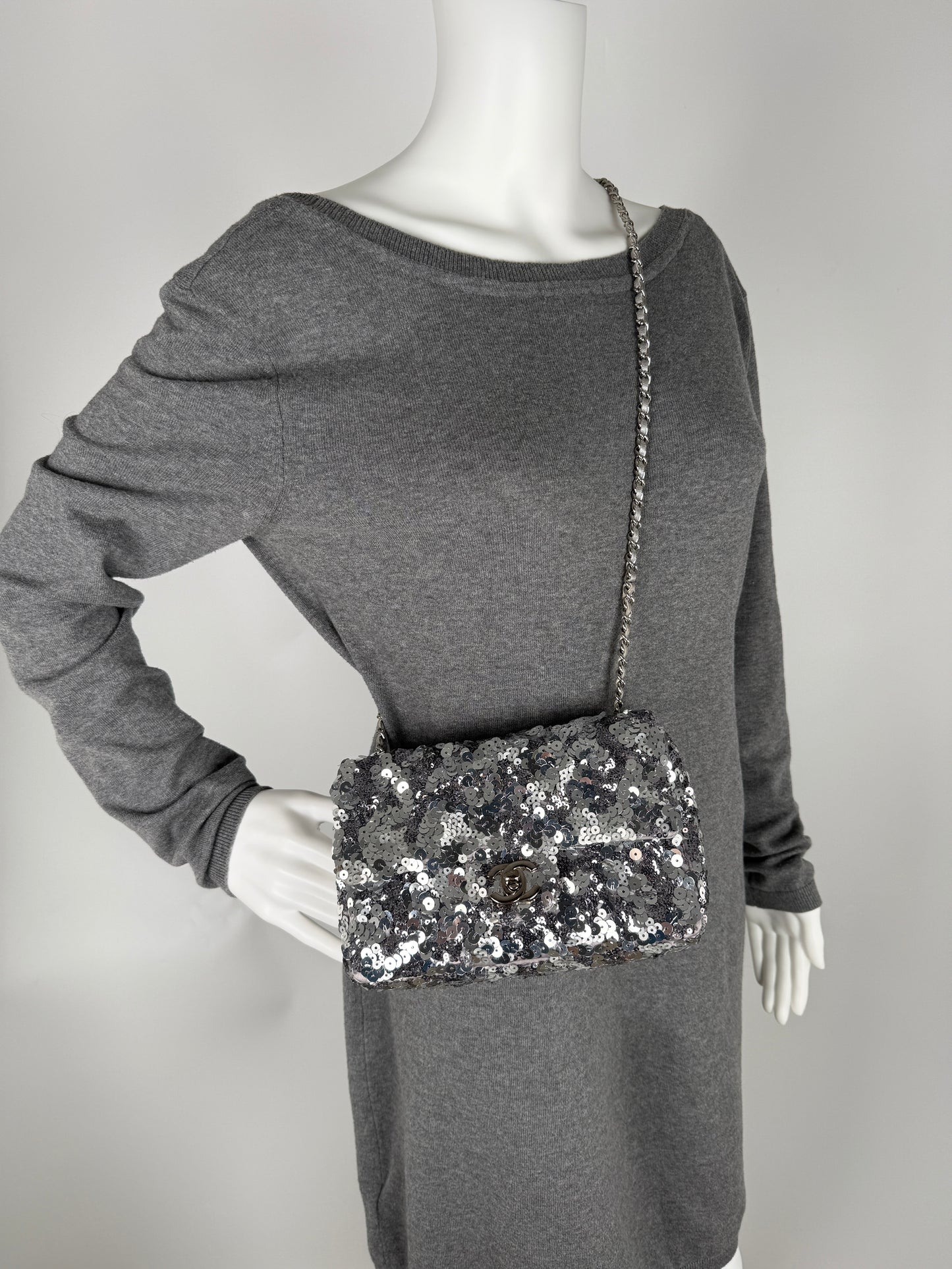 CHANEL Classic Rectangular Mini Sequin Silver Single Flap Crossbody Bag