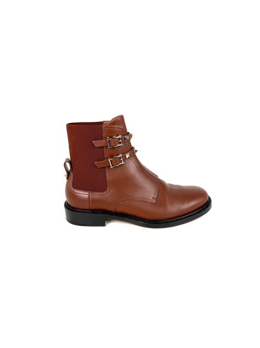 VALENTINO Beatle Buckle Rockstud Brown Leather Ankle Boots 38.5, 8