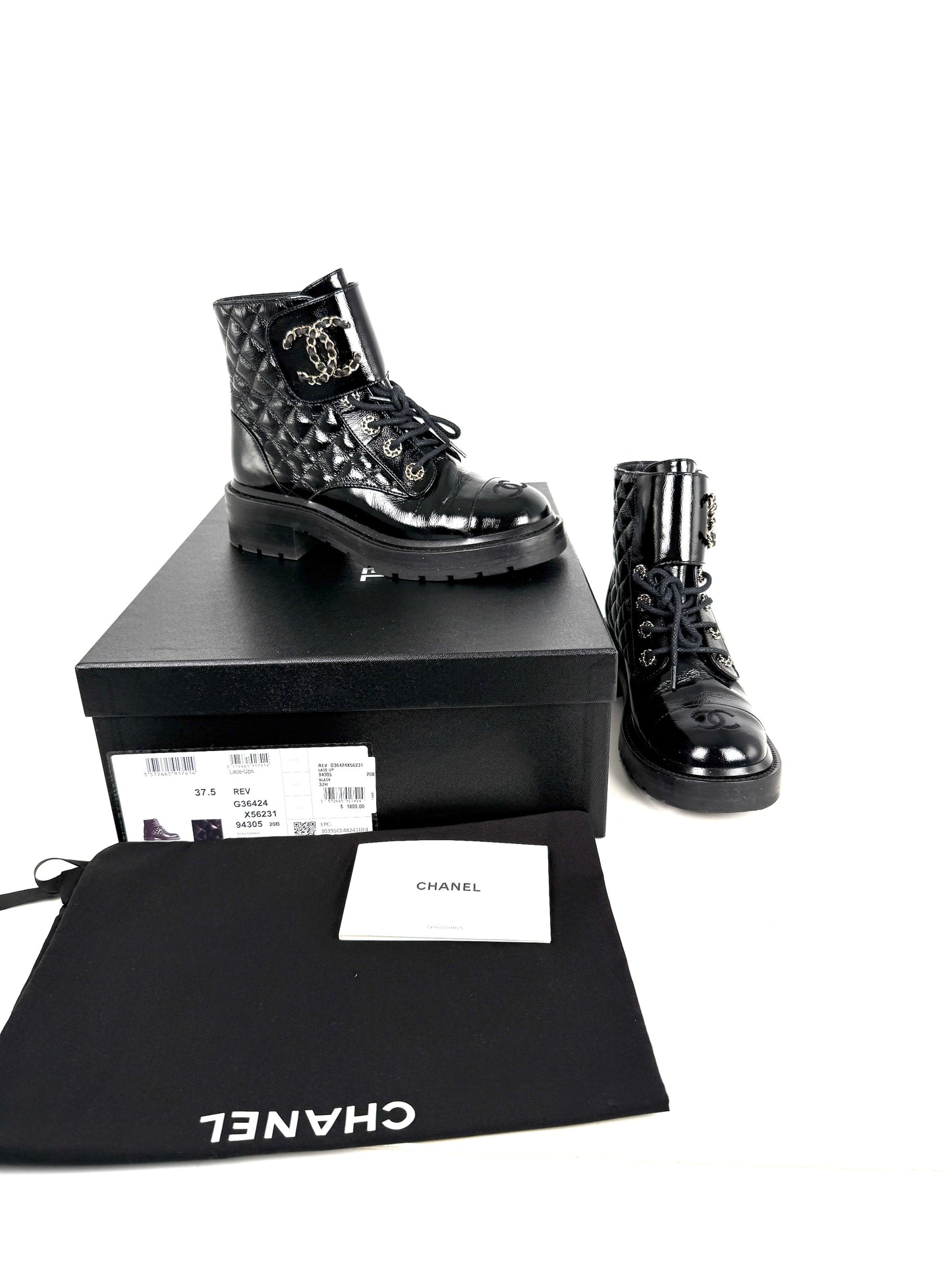 CHANEL Cap Toe CC Black Quilted Block Heel Combat Ankle Boots 37.5, 7