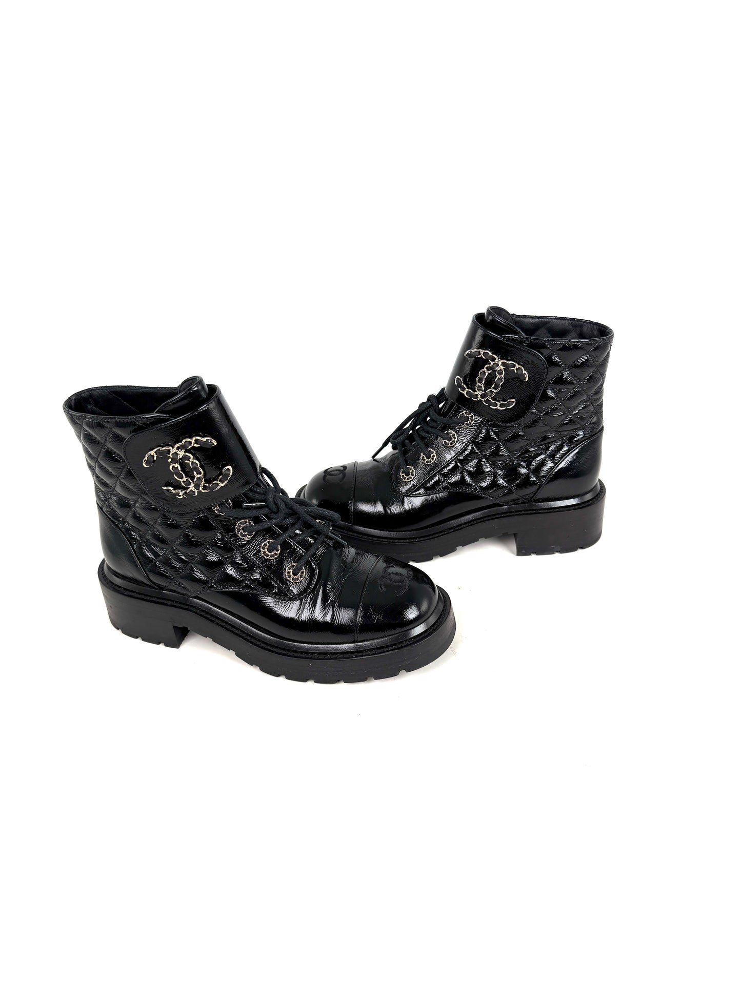 CHANEL Cap Toe CC Black Quilted Block Heel Combat Ankle Boots 37.5, 7