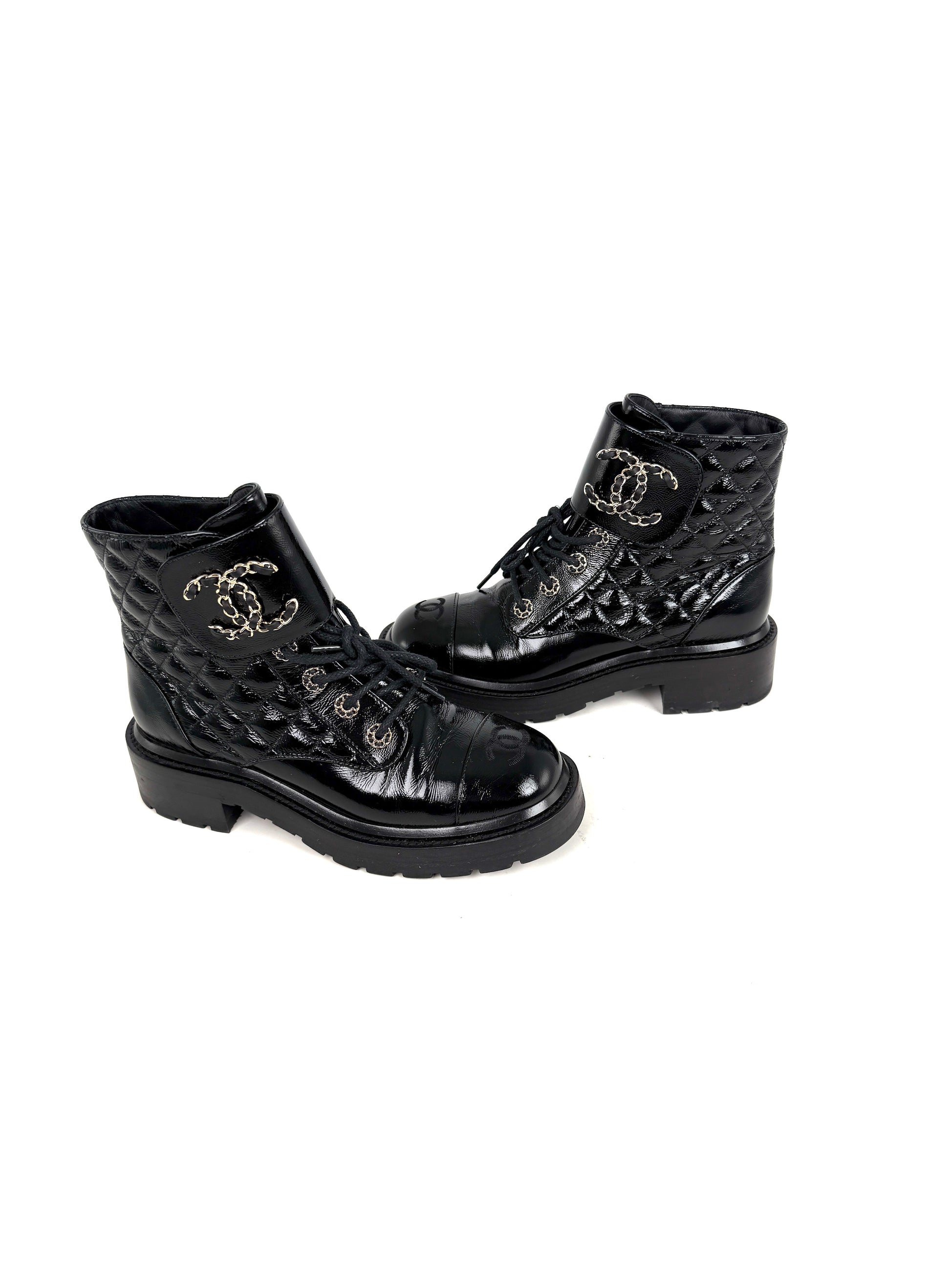 CHANEL Cap Toe CC Black Quilted Block Heel Combat Ankle Boots 37.5, 7