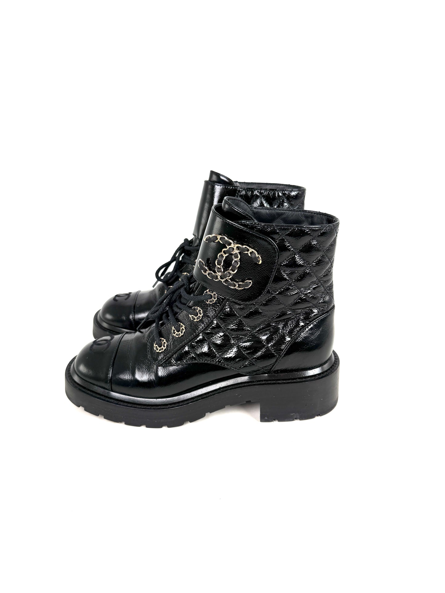 CHANEL Cap Toe CC Black Quilted Block Heel Combat Ankle Boots 37.5, 7