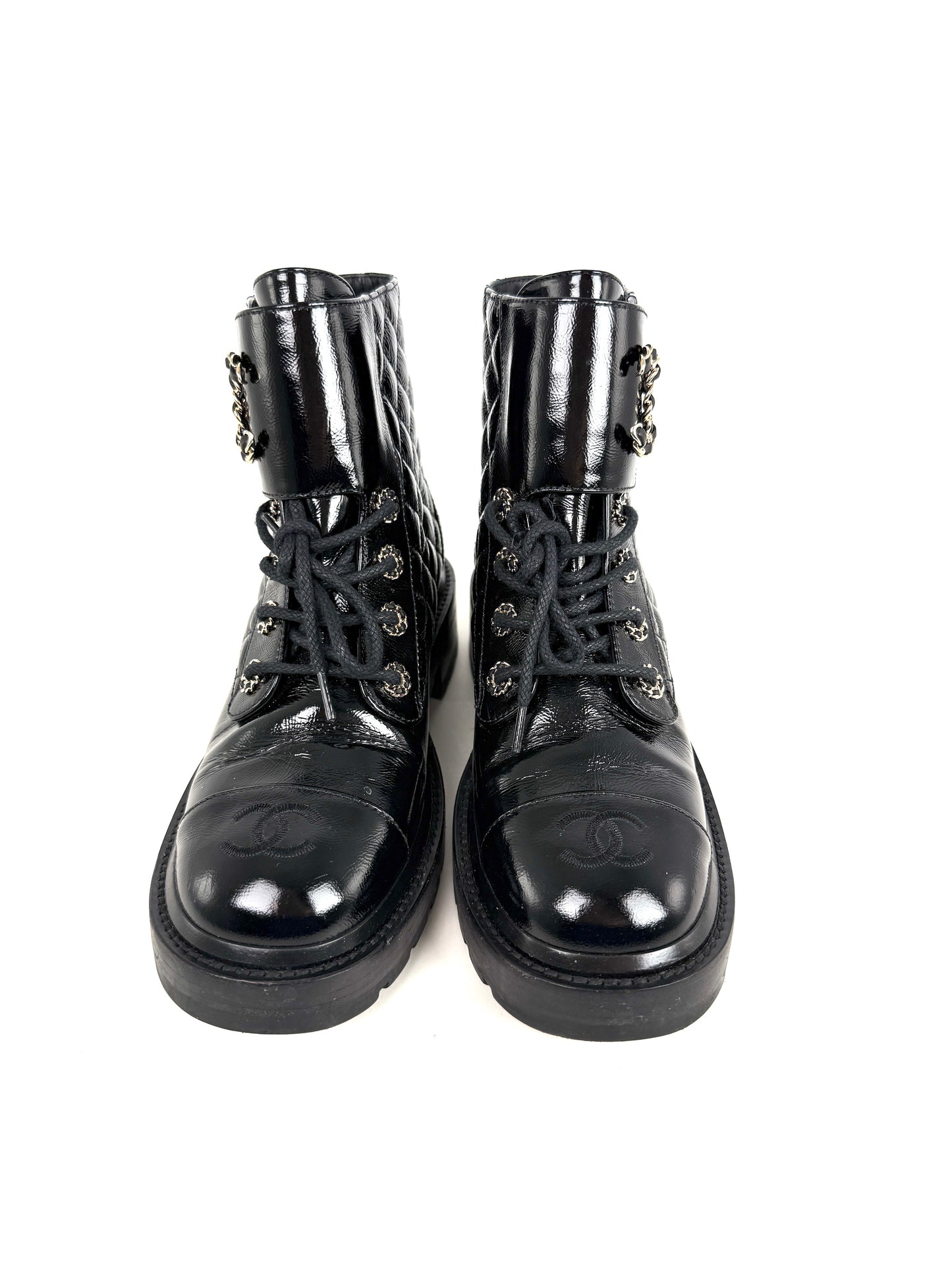 CHANEL Cap Toe CC Black Quilted Block Heel Combat Ankle Boots 37.5, 7