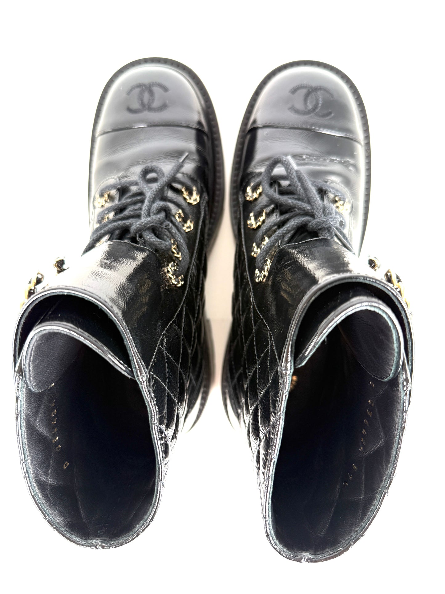 CHANEL Cap Toe CC Black Quilted Block Heel Combat Ankle Boots 37.5, 7