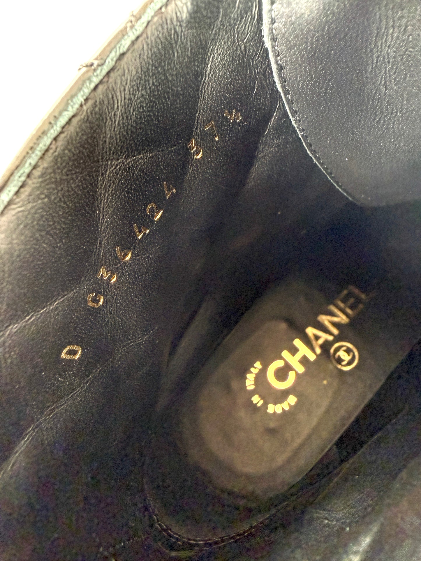 CHANEL Cap Toe CC Black Quilted Block Heel Combat Ankle Boots 37.5, 7