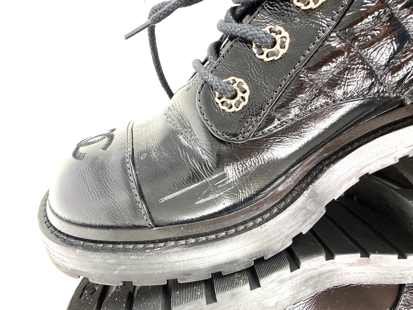 CHANEL Cap Toe CC Black Quilted Block Heel Combat Ankle Boots 37.5, 7