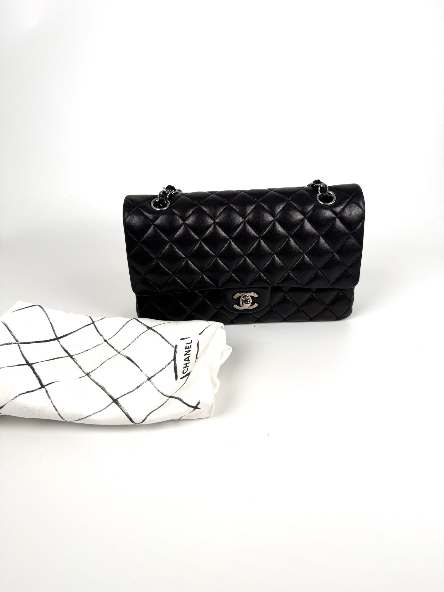 CHANEL Classic Medium Double Flap Black Quilted Leather Silver Hardware Flap Bag