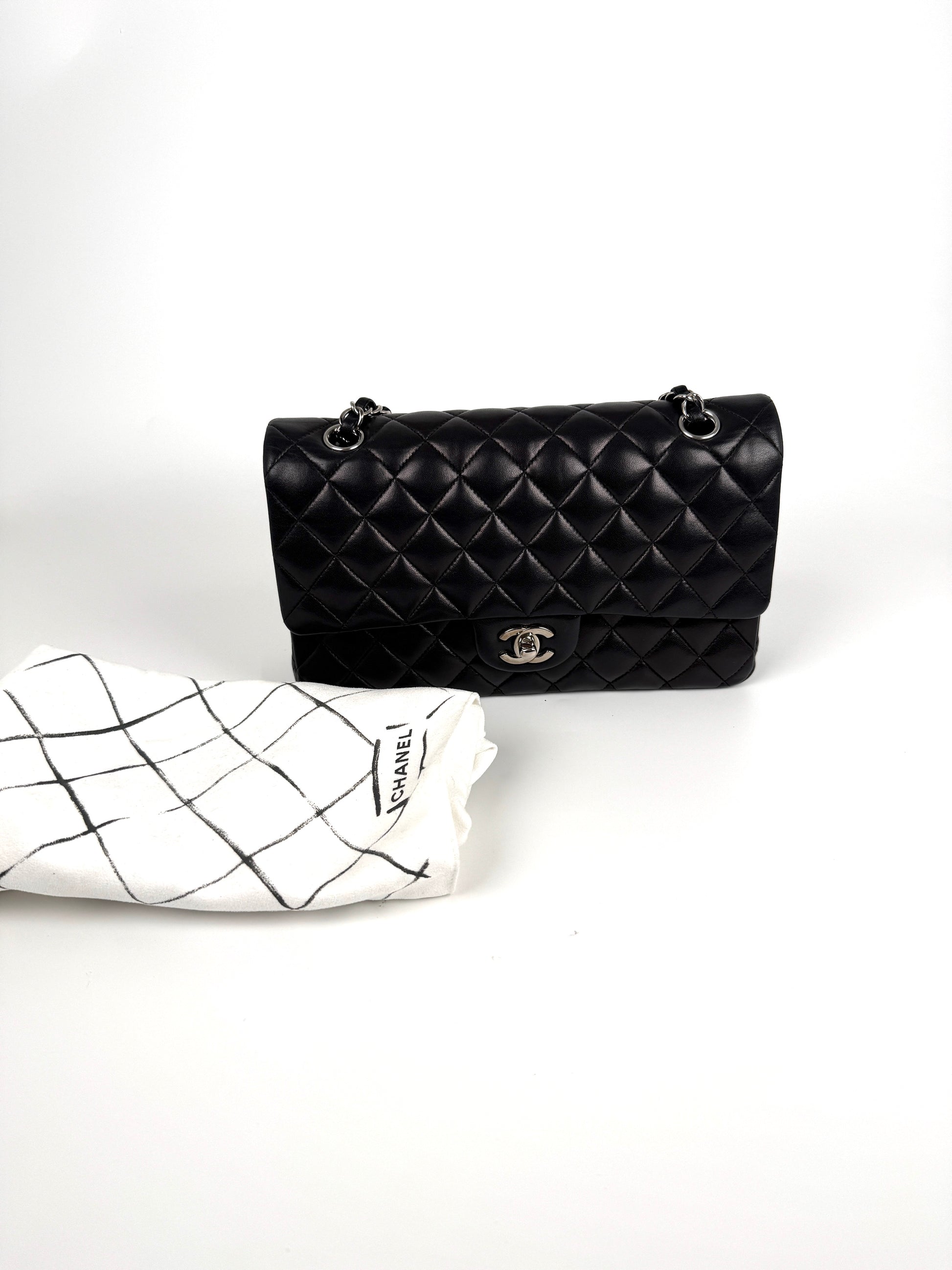 CHANEL Classic Medium Double Flap Black Quilted Leather Silver Hardware Flap Bag