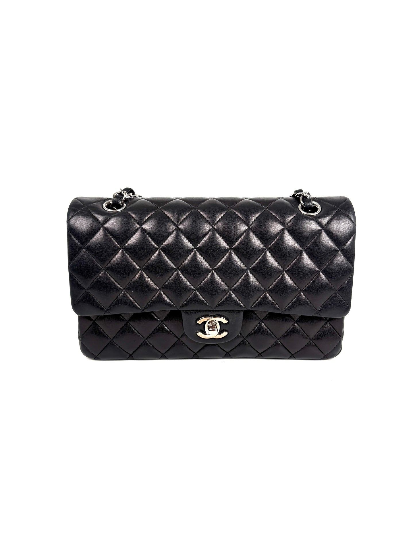 CHANEL Classic Medium Double Flap Black Quilted Leather Silver Hardware Flap Bag