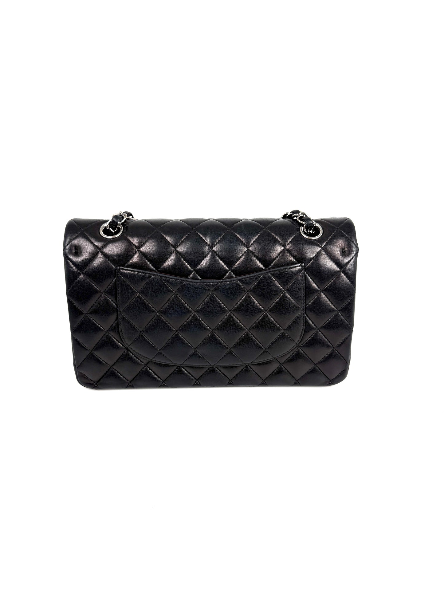 CHANEL Classic Medium Double Flap Black Quilted Leather Silver Hardware Flap Bag