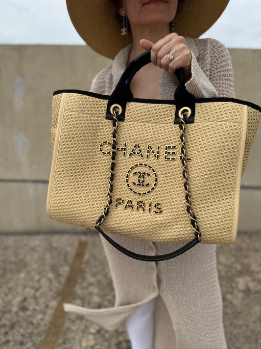 CHANEL Deauville Straw Raffia Calfskin Beige Large Shopping Tote Designer consignment