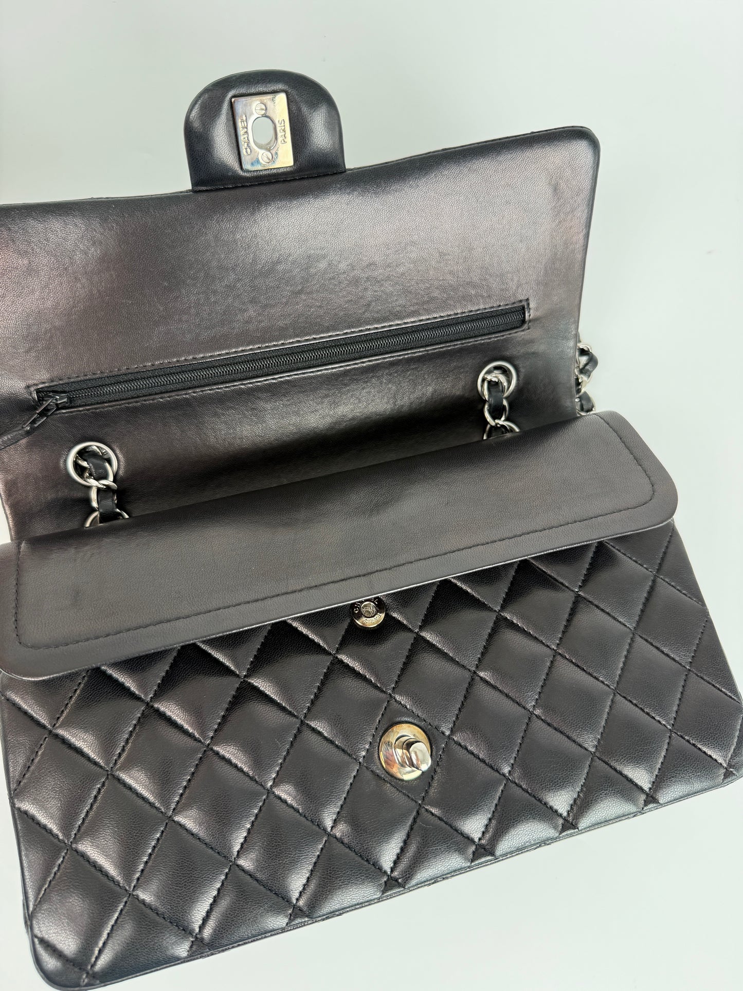 CHANEL Classic Medium Double Flap Black Quilted Leather Silver Hardware Flap Bag