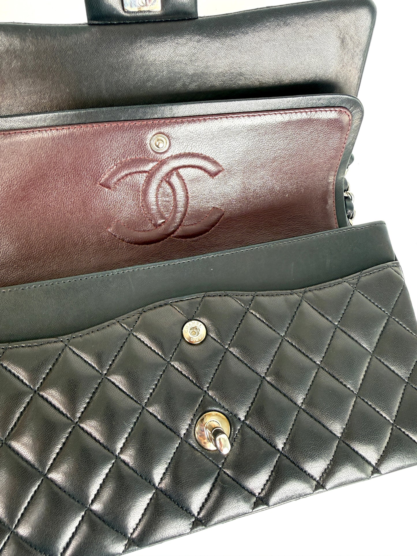 CHANEL Classic Medium Double Flap Black Quilted Leather Silver Hardware Flap Bag