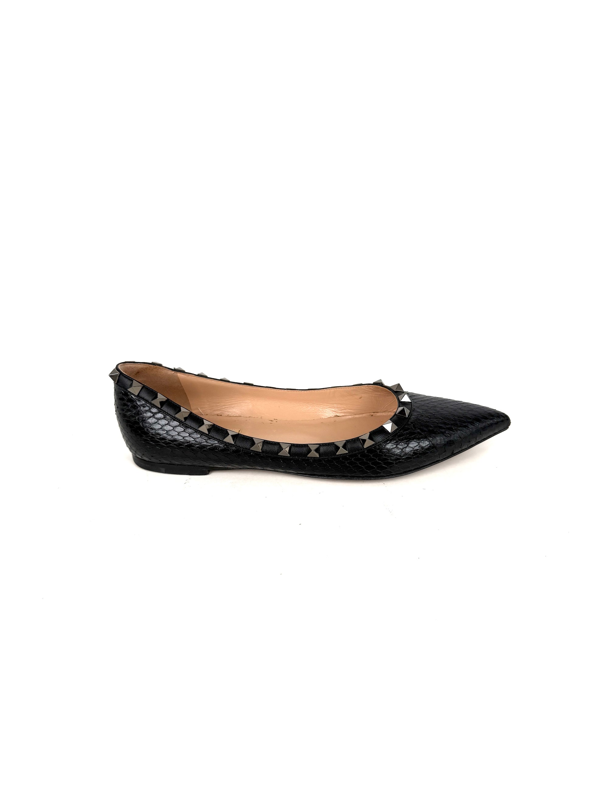 VALENTINO Rockstud Black Snakeskin Leather Flats 38, 7.5