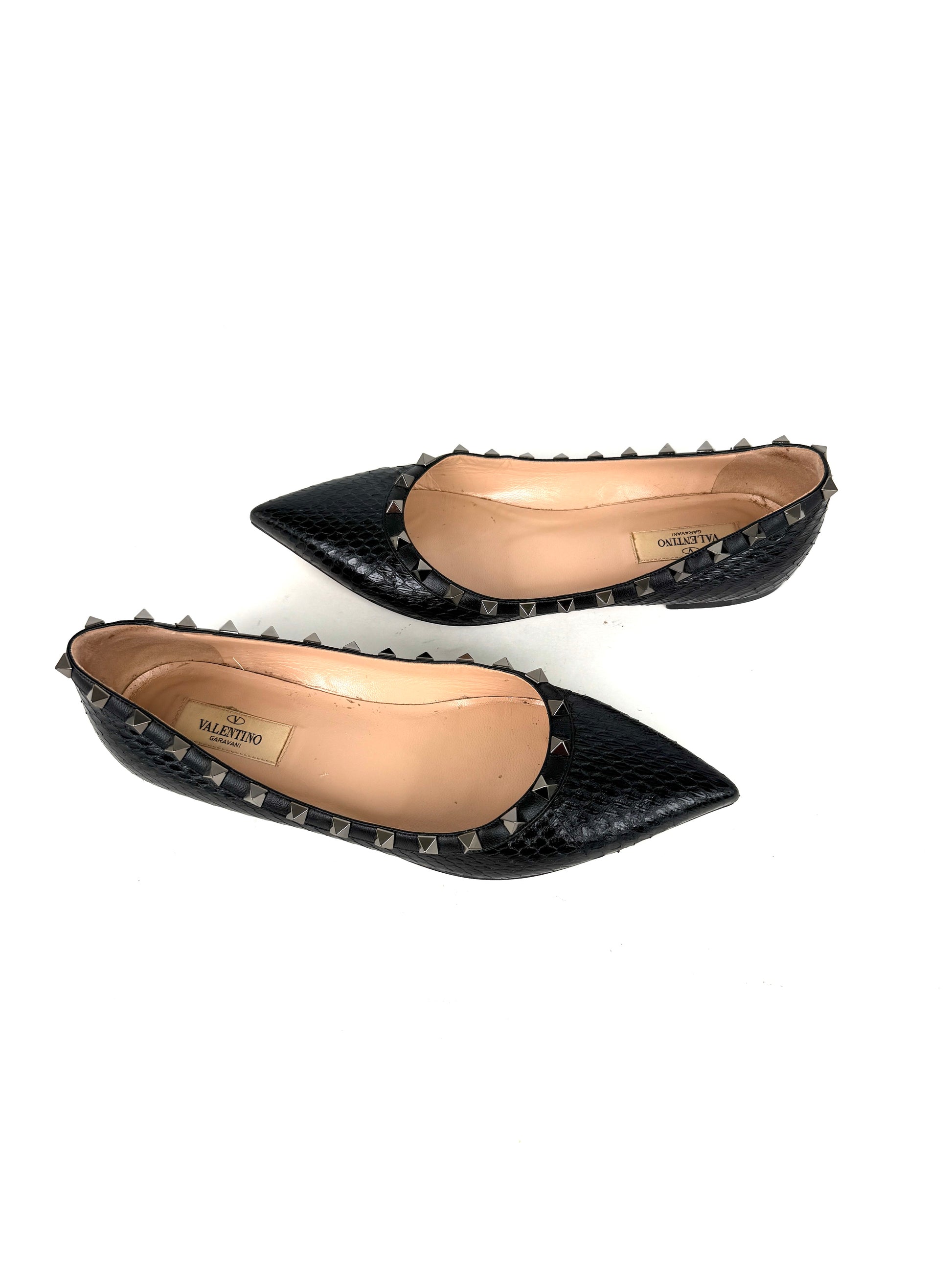 VALENTINO Rockstud Black Snakeskin Leather Flats 38, 7.5
