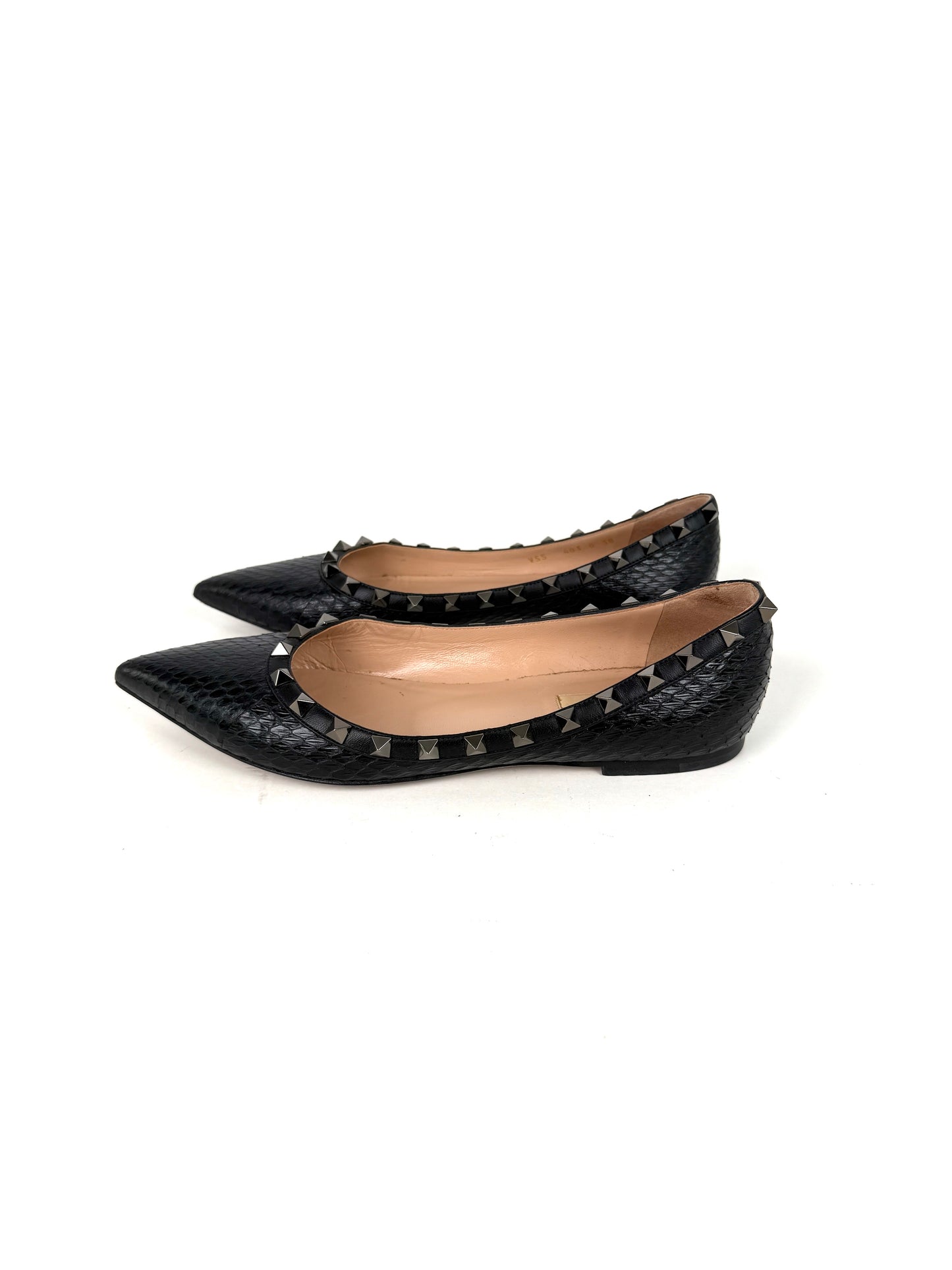 VALENTINO Rockstud Black Snakeskin Leather Flats 38, 7.5