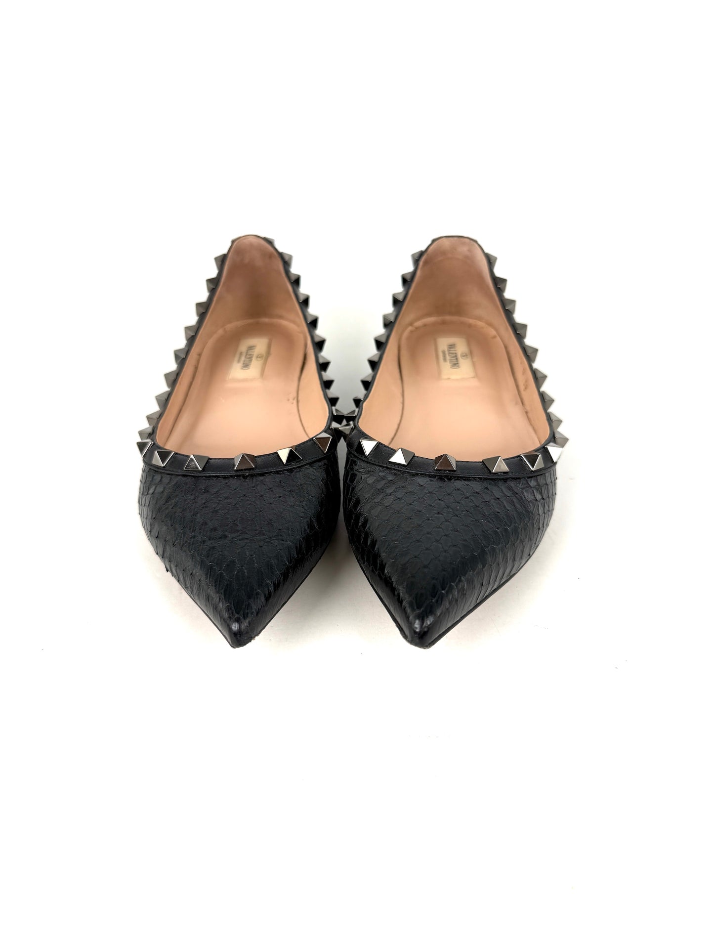 VALENTINO Rockstud Black Snakeskin Leather Flats 38, 7.5
