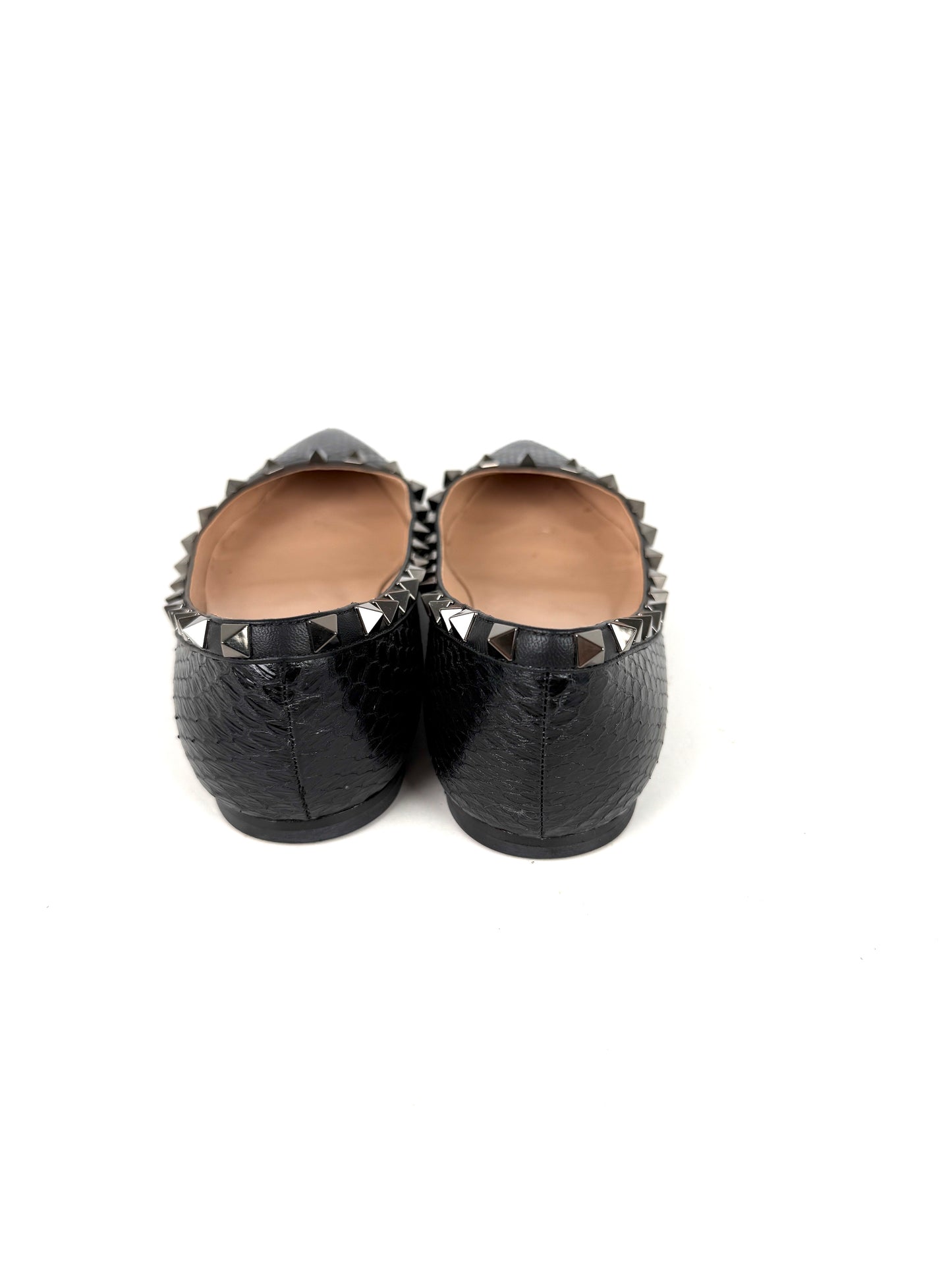 VALENTINO Rockstud Black Snakeskin Leather Flats 38, 7.5