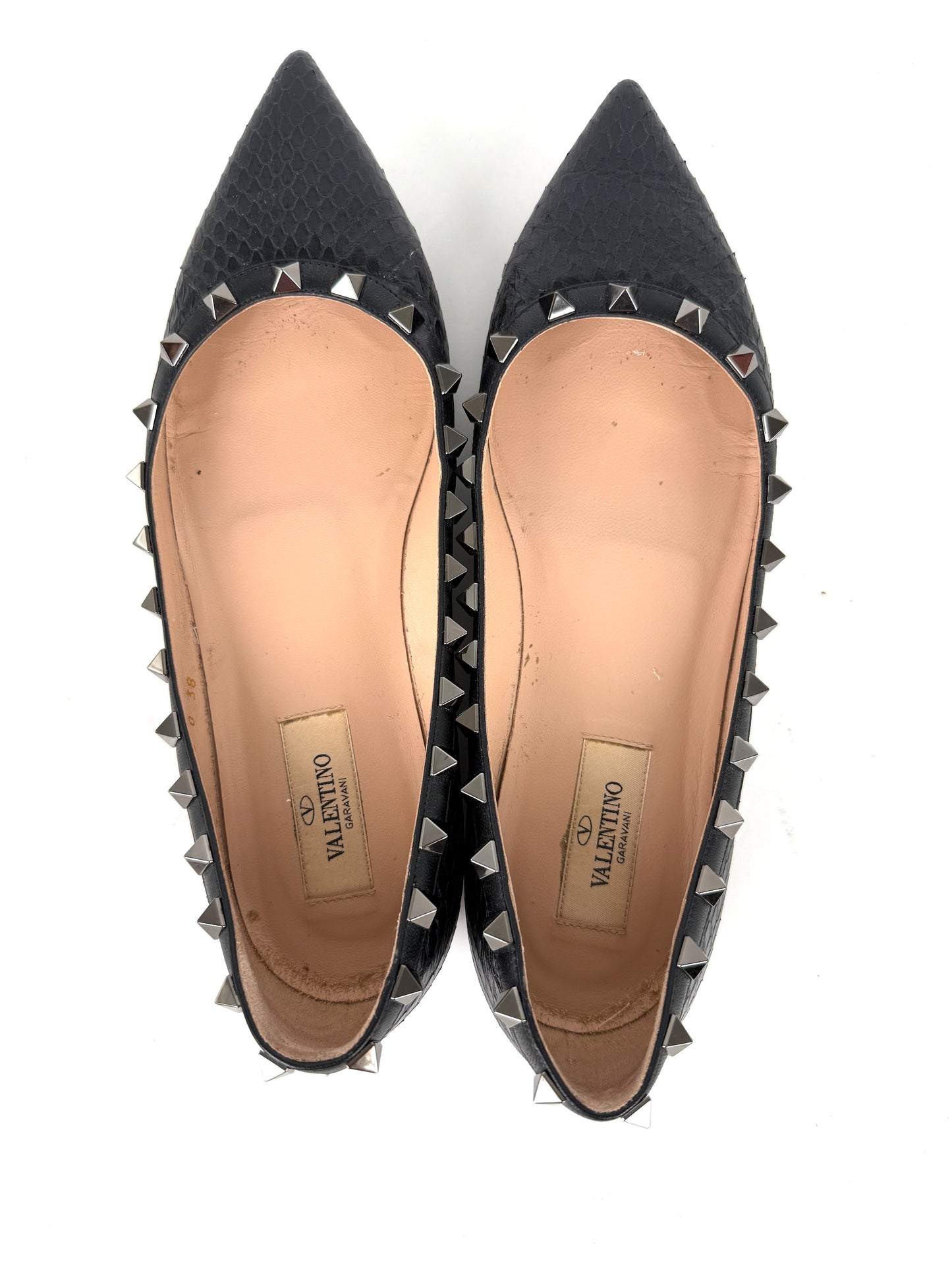 VALENTINO Rockstud Black Snakeskin Leather Flats 38, 7.5