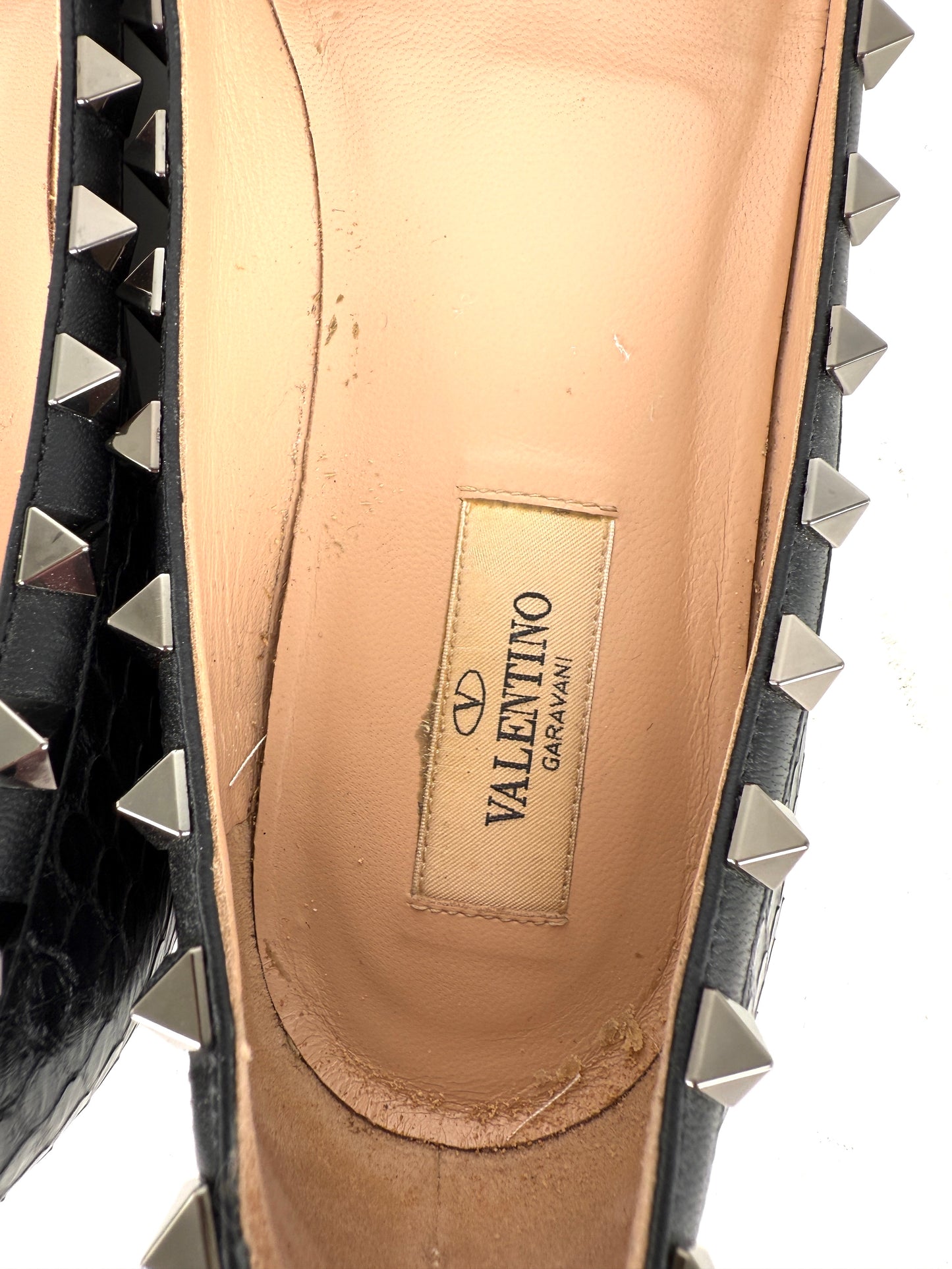 VALENTINO Rockstud Black Snakeskin Leather Flats 38, 7.5