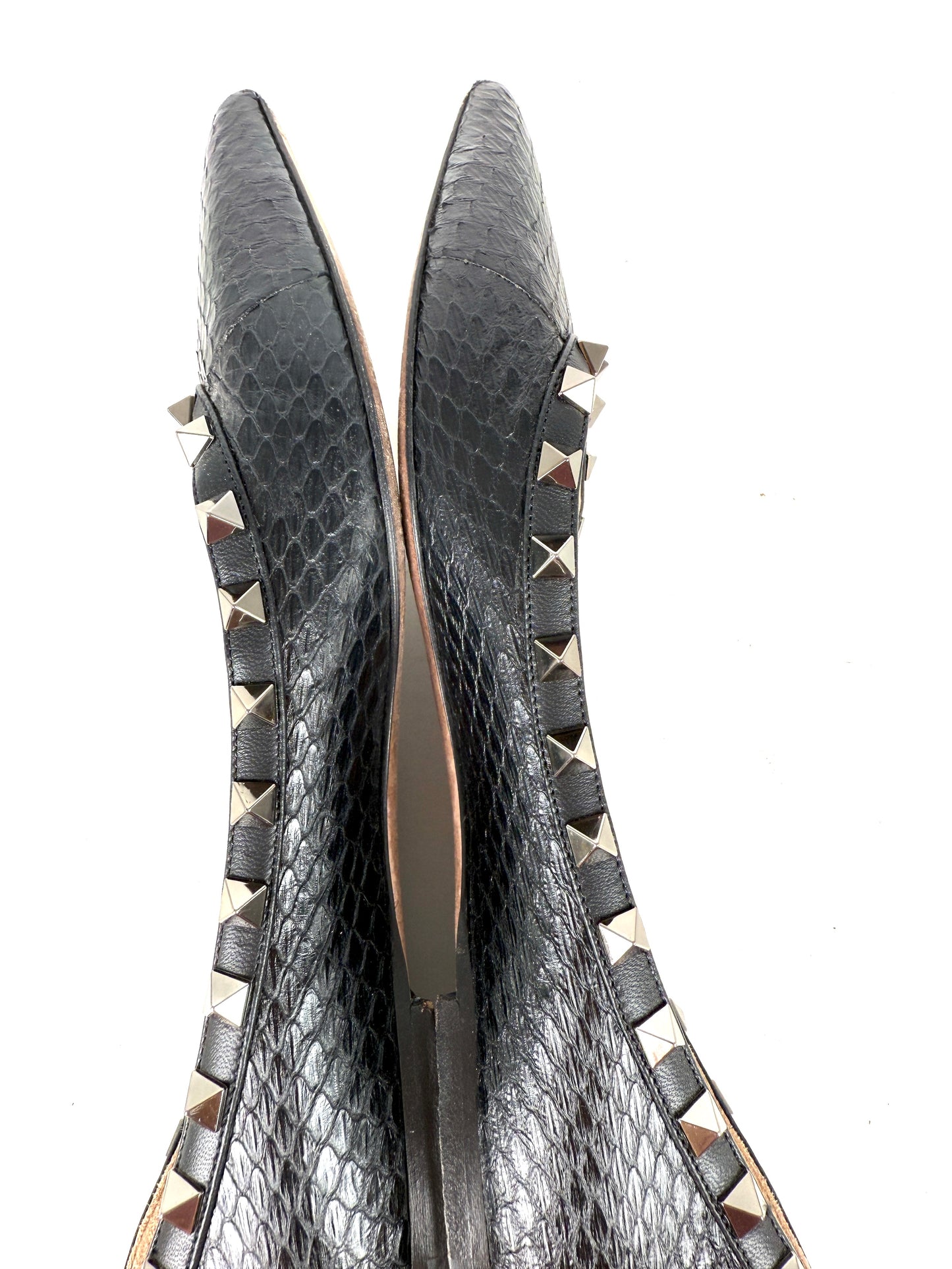 VALENTINO Rockstud Black Snakeskin Leather Flats 38, 7.5