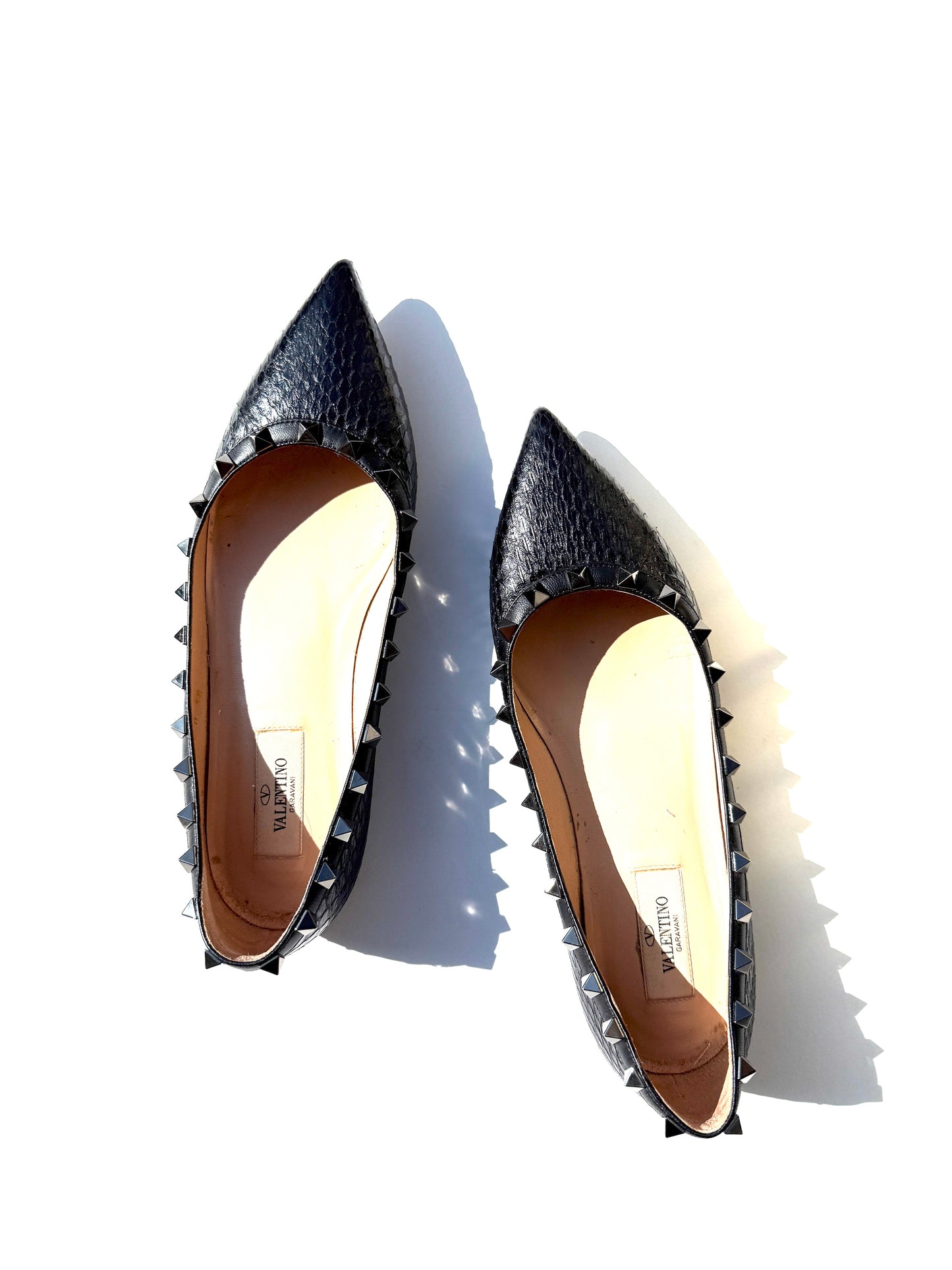 VALENTINO Rockstud Black Snakeskin Leather Flats 38, 7.5