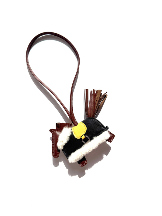 HERMES Rodeo Robeo Plush Charm PM Terre Paille Black Ecru Milo Lambskin and Wool Palladium Hardware New in box