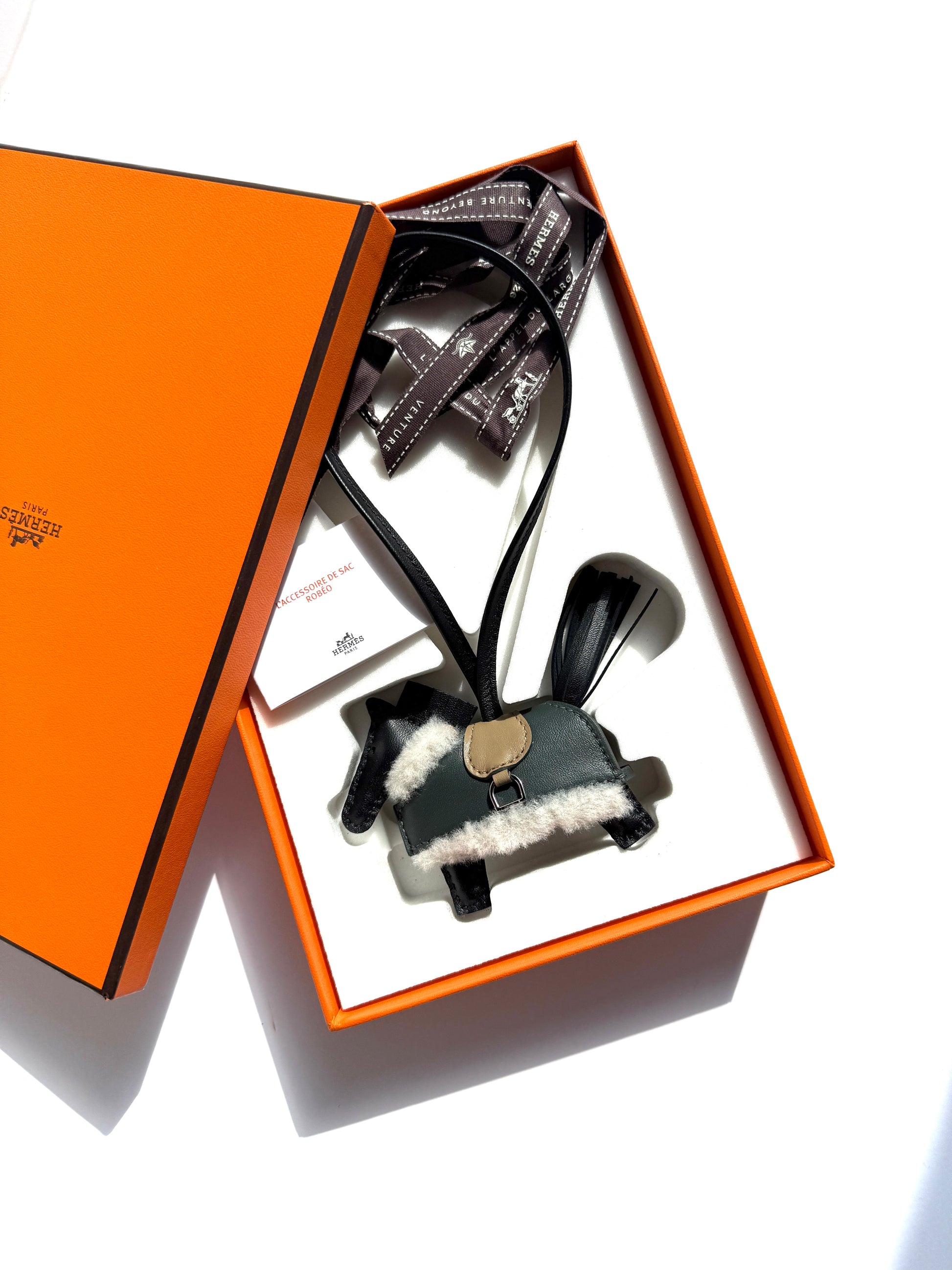 HERMES Rodeo Robeo Plush Charm PM Black Beige Marfa Mangrove Ecru Milo Lambskin and Wool Palladium Hardware New in box