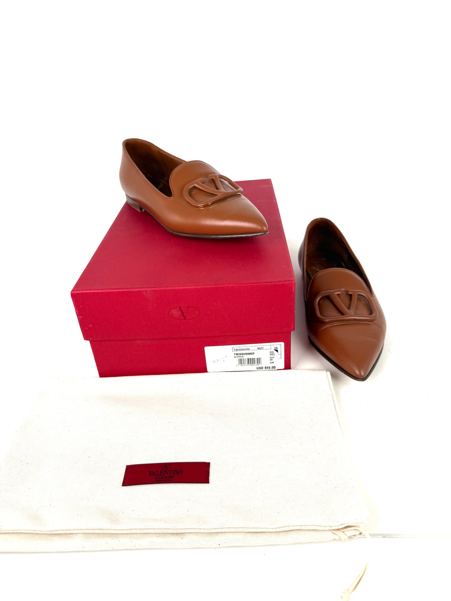 VALENTINO Brown Leather Slipper Pointed Toe Flats 38, 7.5