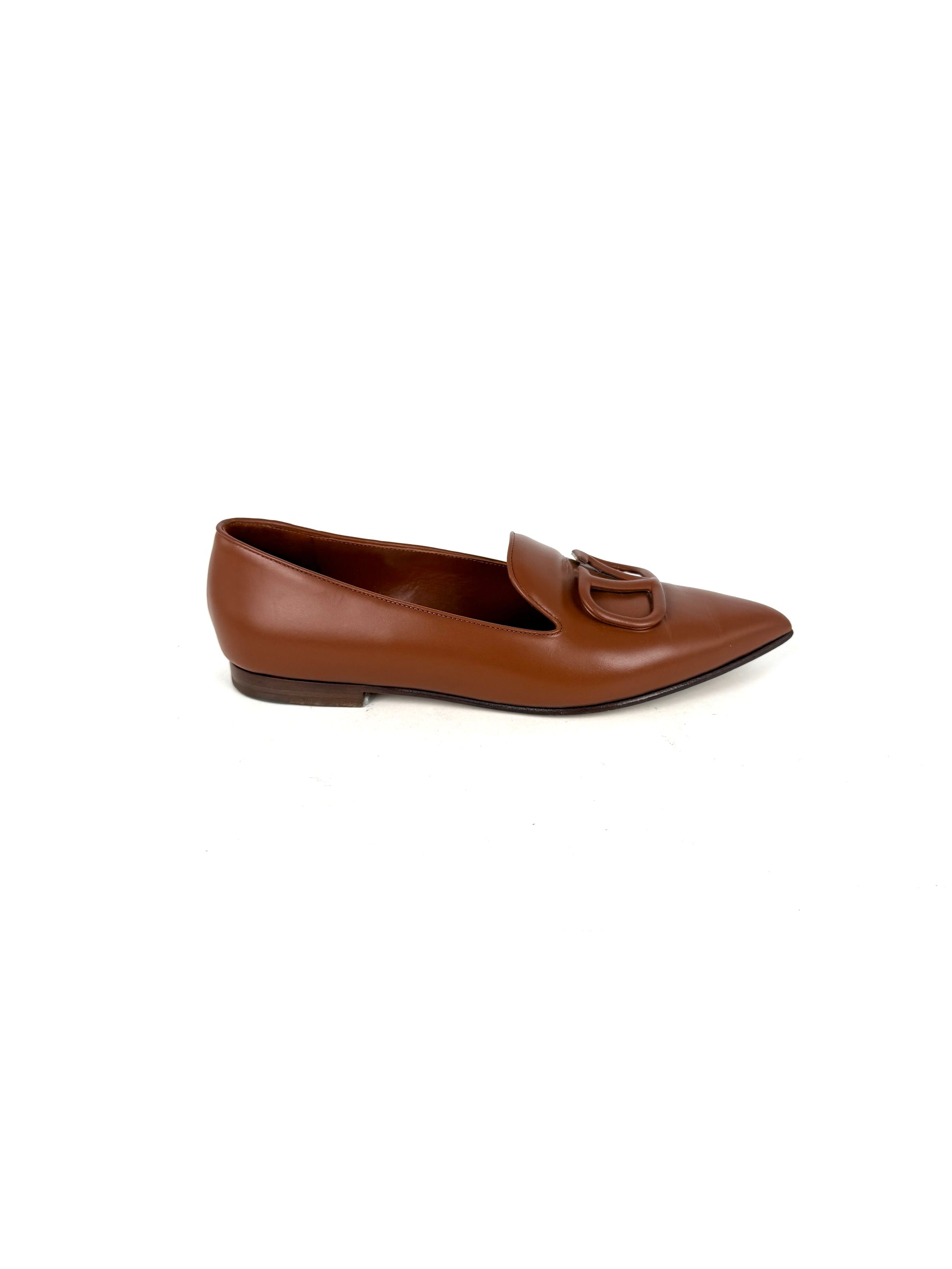 VALENTINO Brown Leather Slipper Pointed Toe Flats 38, 7.5