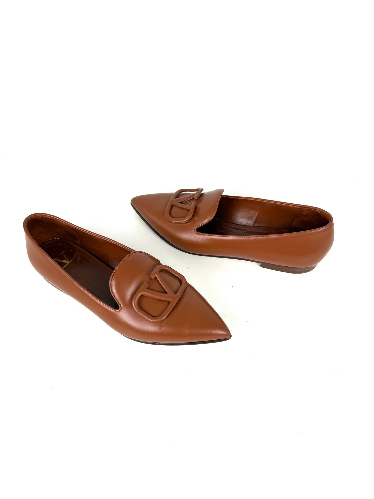 VALENTINO Brown Leather Slipper Pointed Toe Flats 38, 7.5