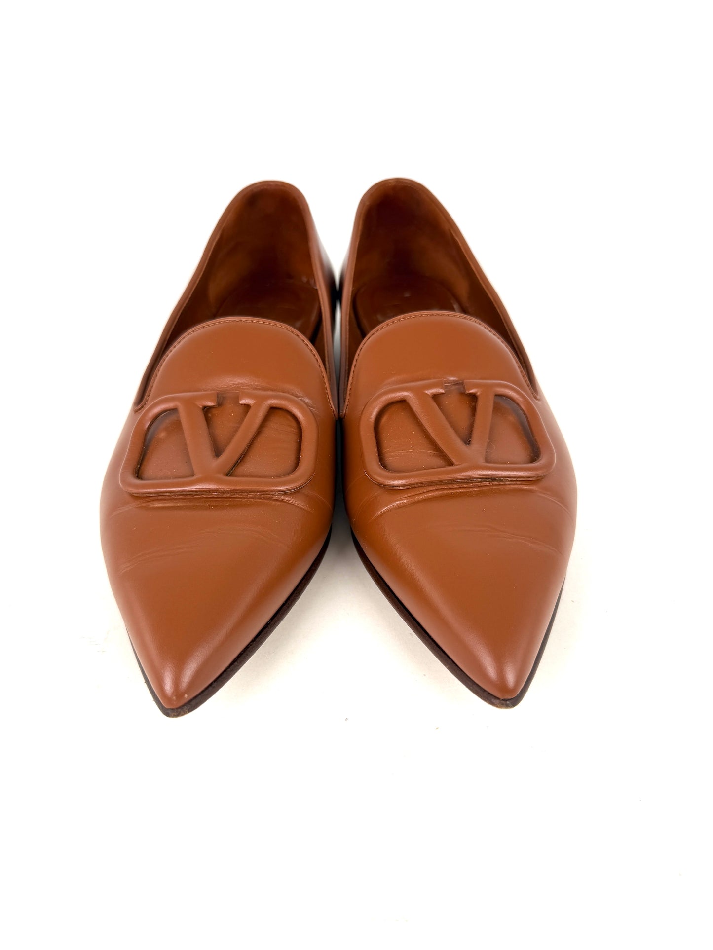 VALENTINO Brown Leather Slipper Pointed Toe Flats 38, 7.5