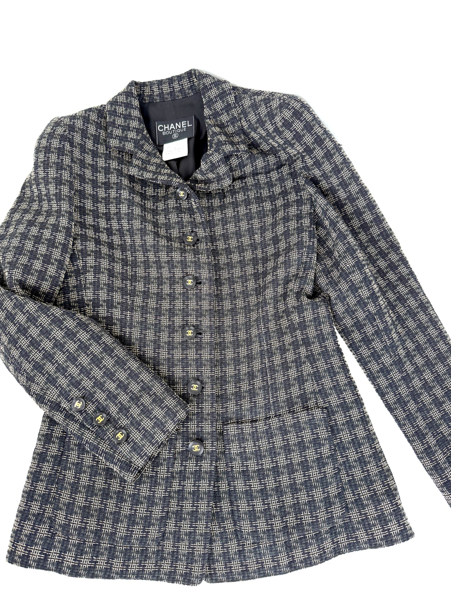 CHANEL Vintage Boutique Collared 1995 Single Breasted Check Black Beige Tweed Jacket Blazer 36 4