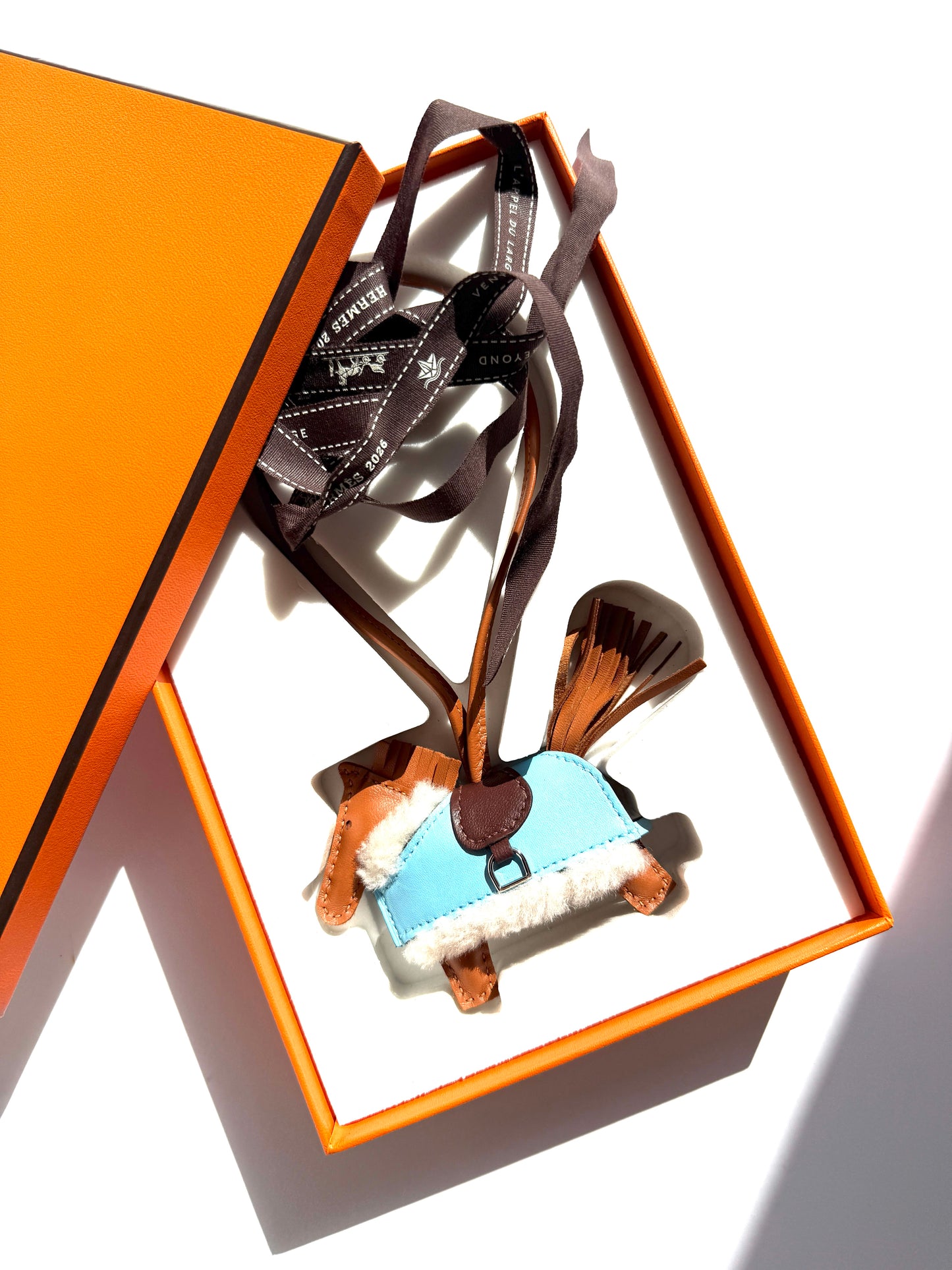 HERMES Rodeo Robeo Plush Charm PM Gold Terre Celeste Ecru  Milo Lambskin and Wool Palladium Hardware New in box