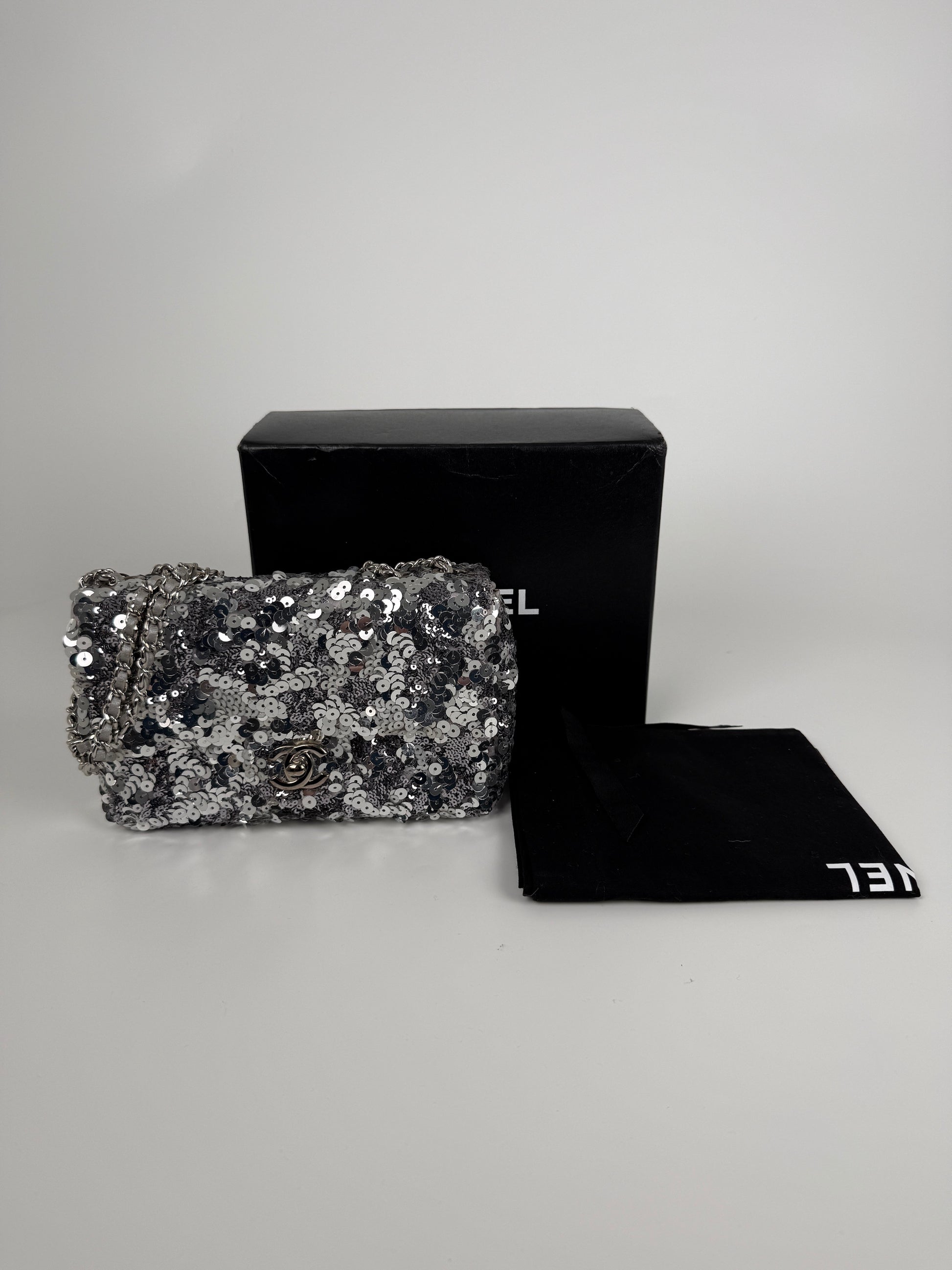 CHANEL Classic Rectangular Mini Sequin Silver Single Flap Crossbody Bag