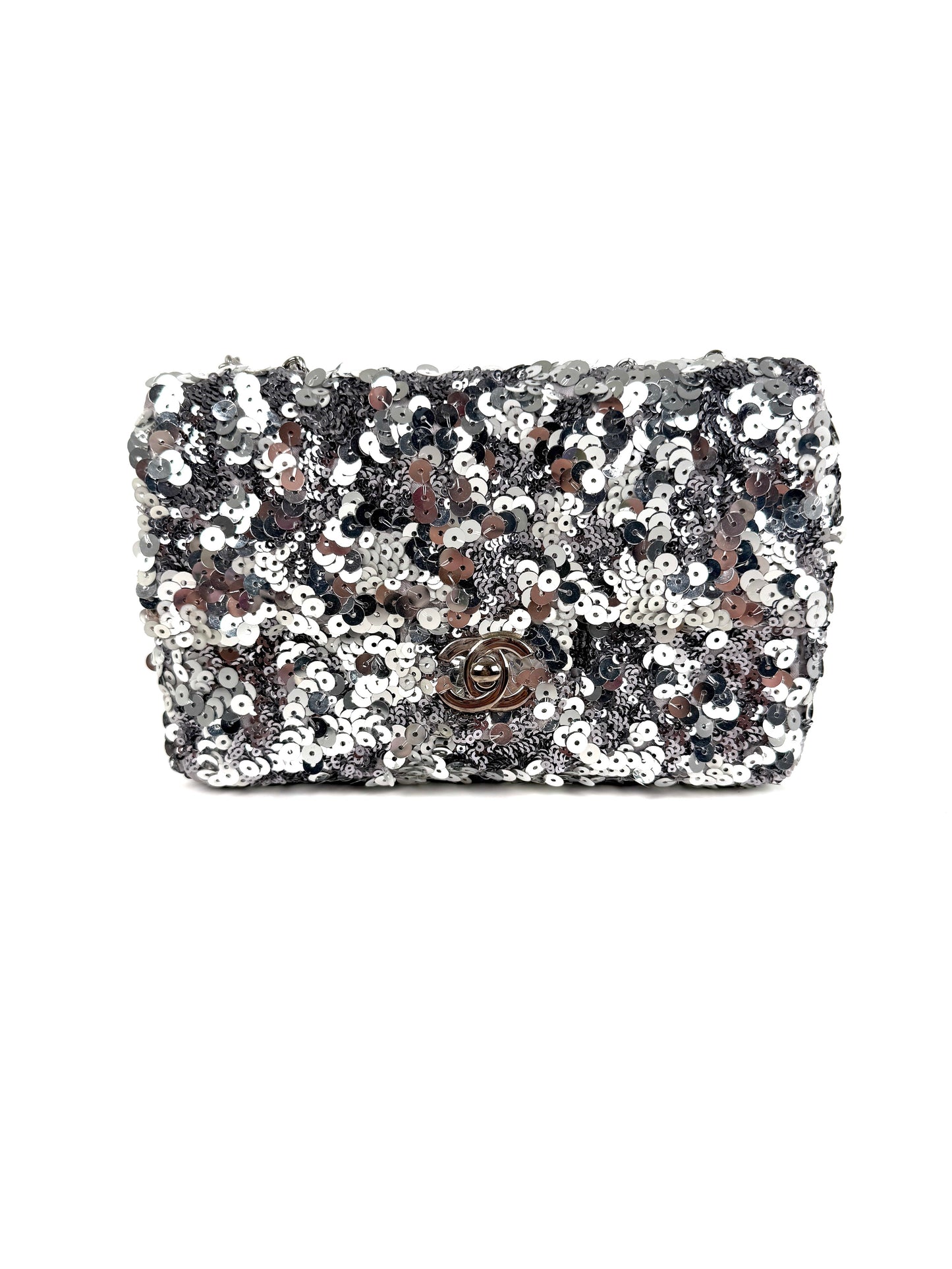 CHANEL Classic Rectangular Mini Sequin Silver Single Flap Crossbody Bag