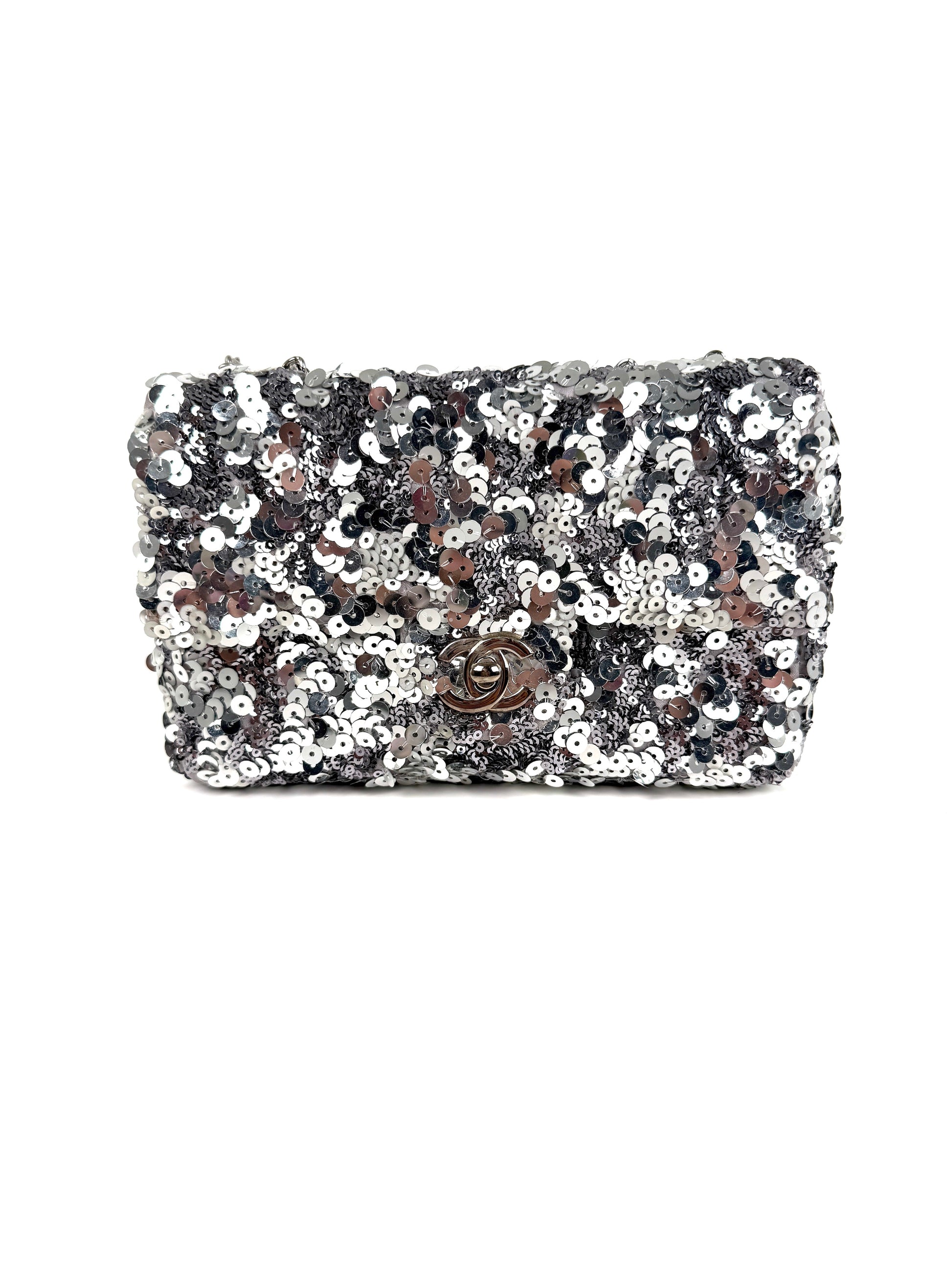 CHANEL Classic Rectangular Mini Sequin Silver Single Flap Crossbody Bag