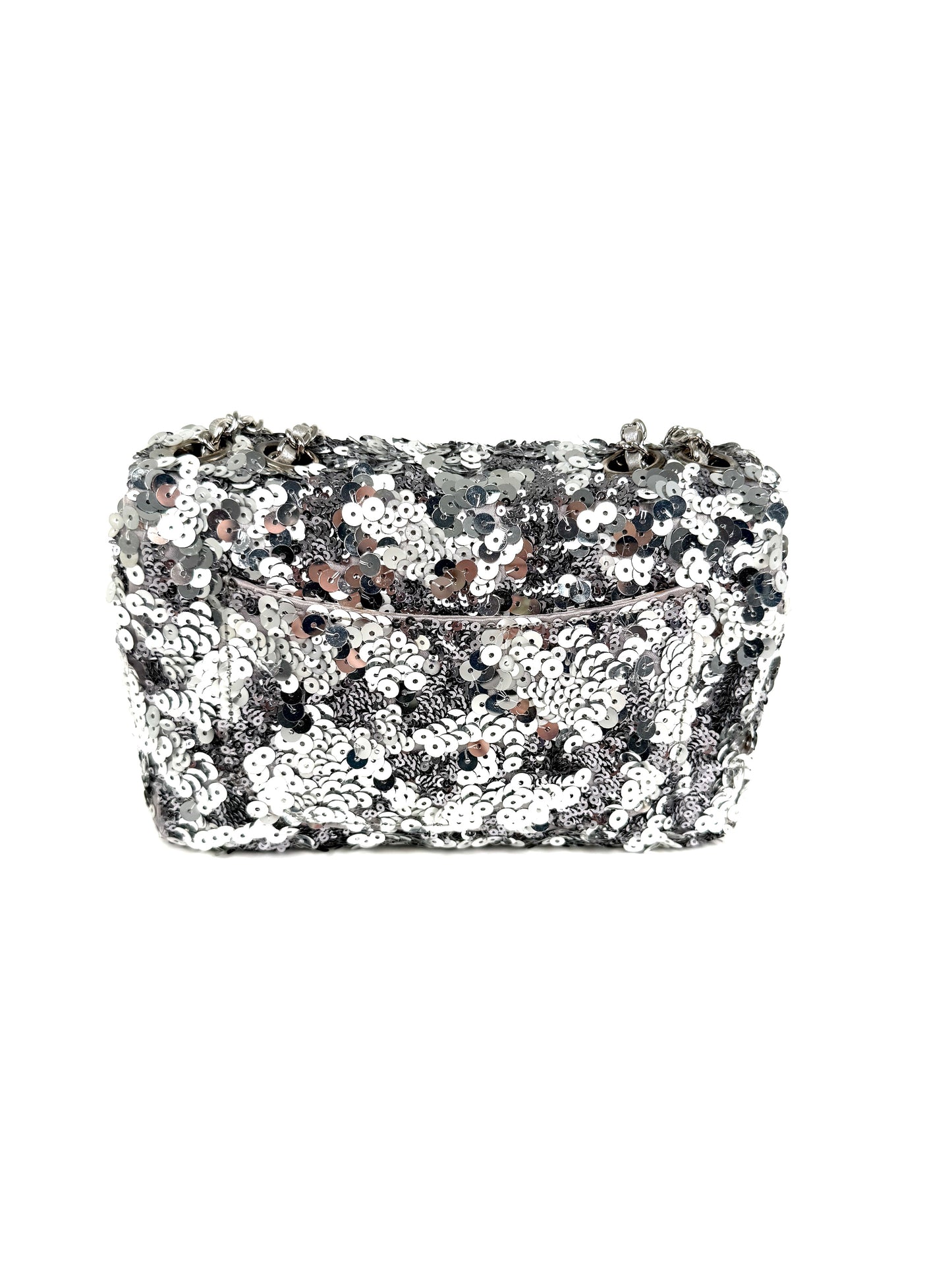 CHANEL Classic Rectangular Mini Sequin Silver Single Flap Crossbody Bag