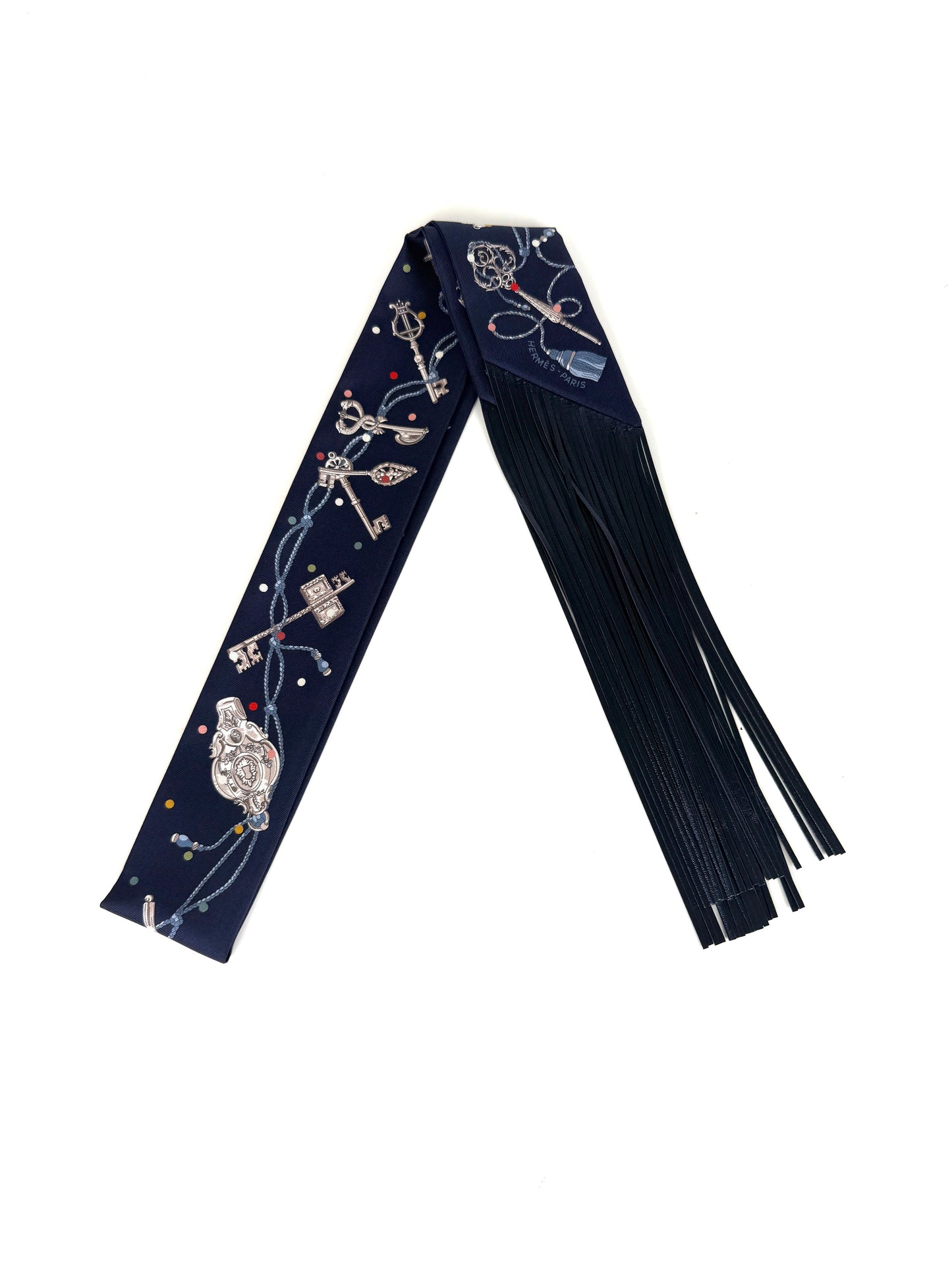 HERMES Les Cles a Pois Bleu Marine Gris Argent Silk Calfskin Leather Fringes Twilly Scarf New