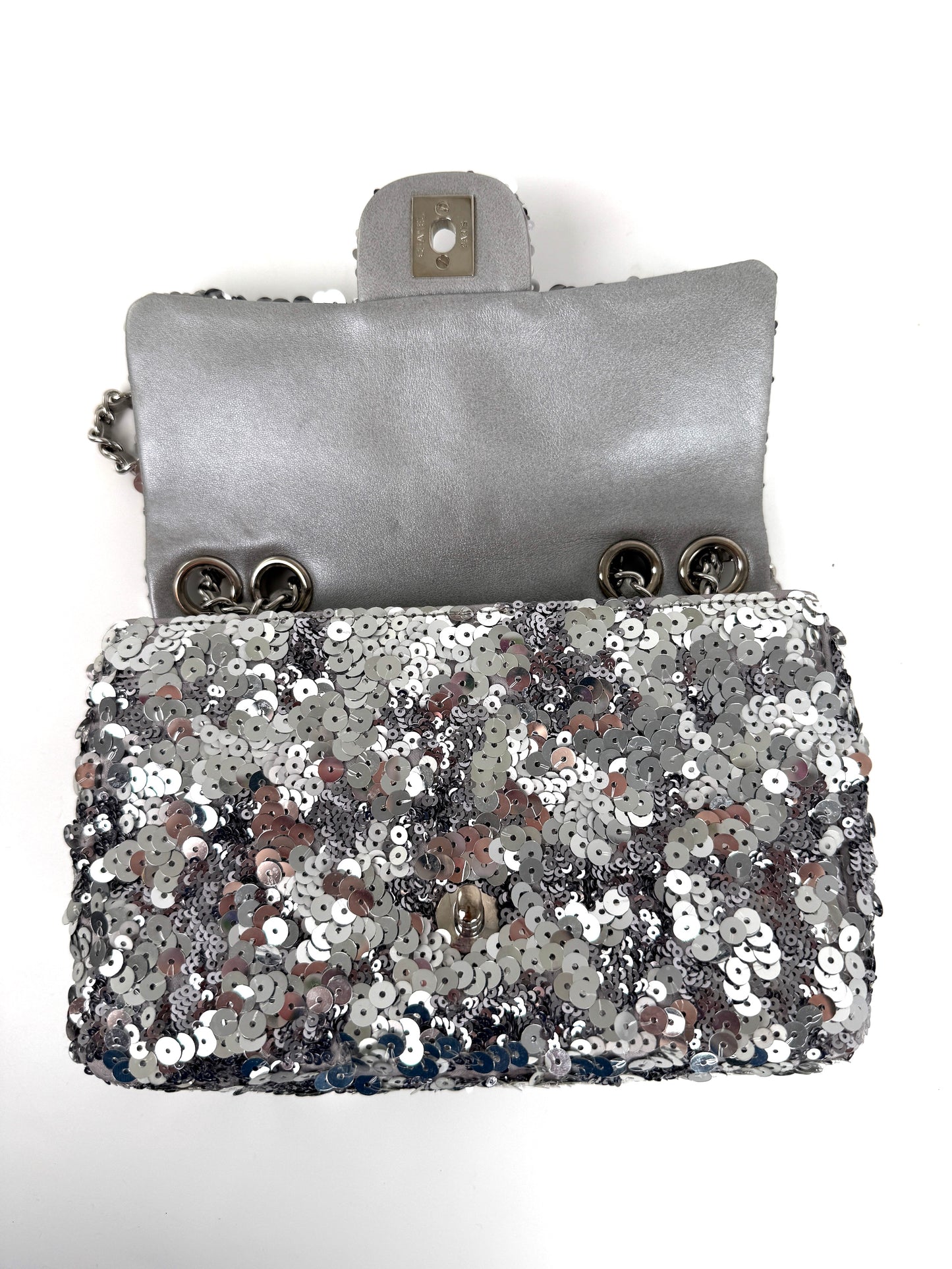 CHANEL Classic Rectangular Mini Sequin Silver Single Flap Crossbody Bag