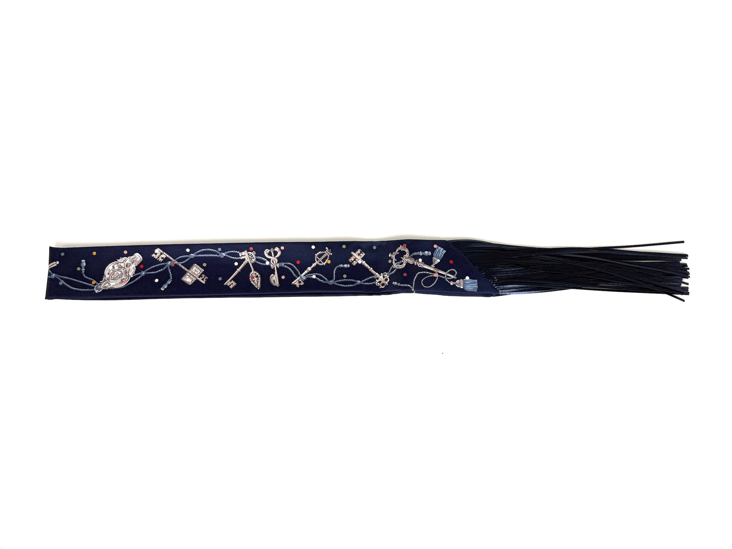 HERMES Les Cles a Pois Bleu Marine Gris Argent Silk Calfskin Leather Fringes Twilly Scarf New