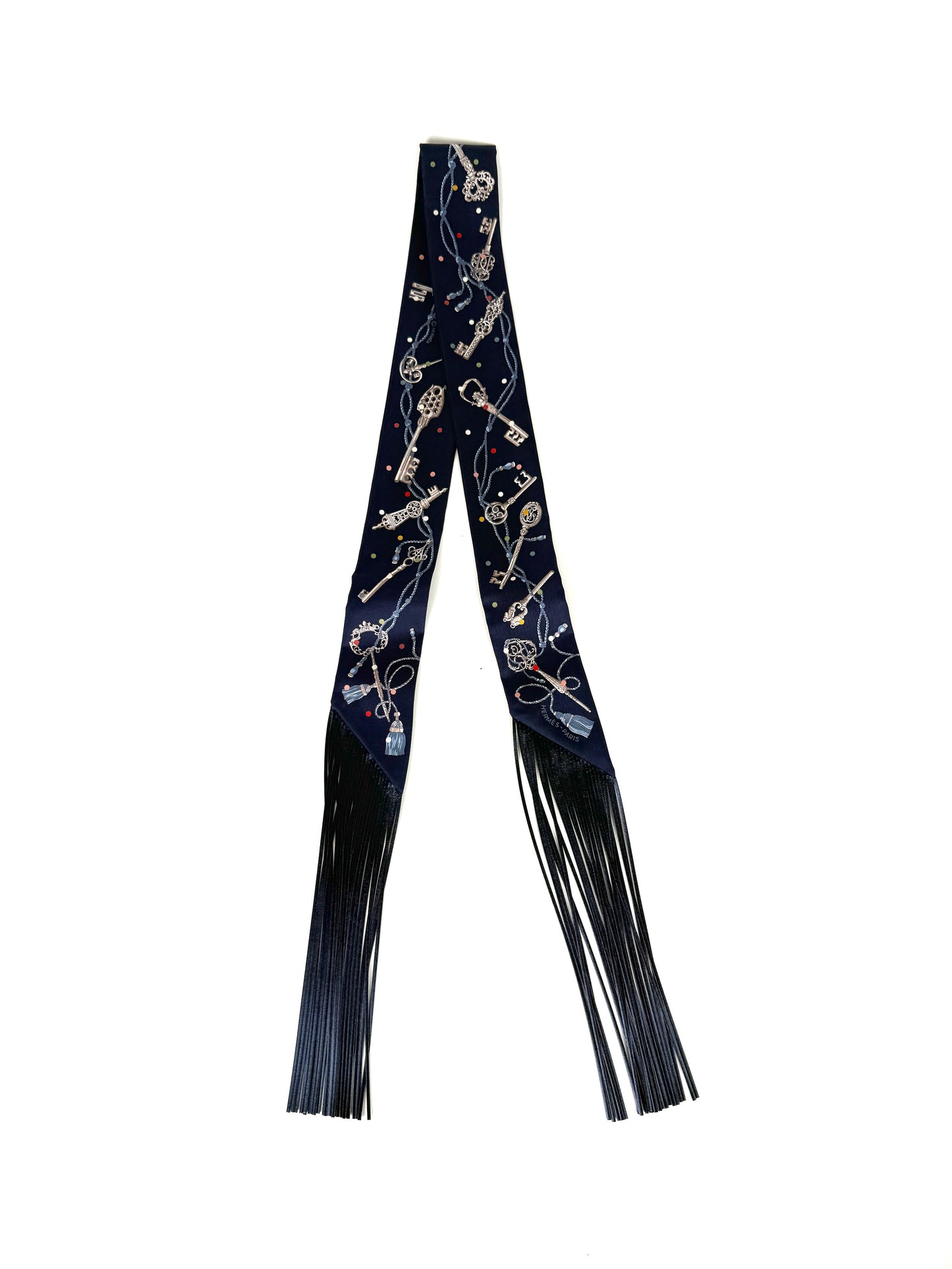 HERMES Les Cles a Pois Bleu Marine Gris Argent Silk Calfskin Leather Fringes Twilly Scarf New
