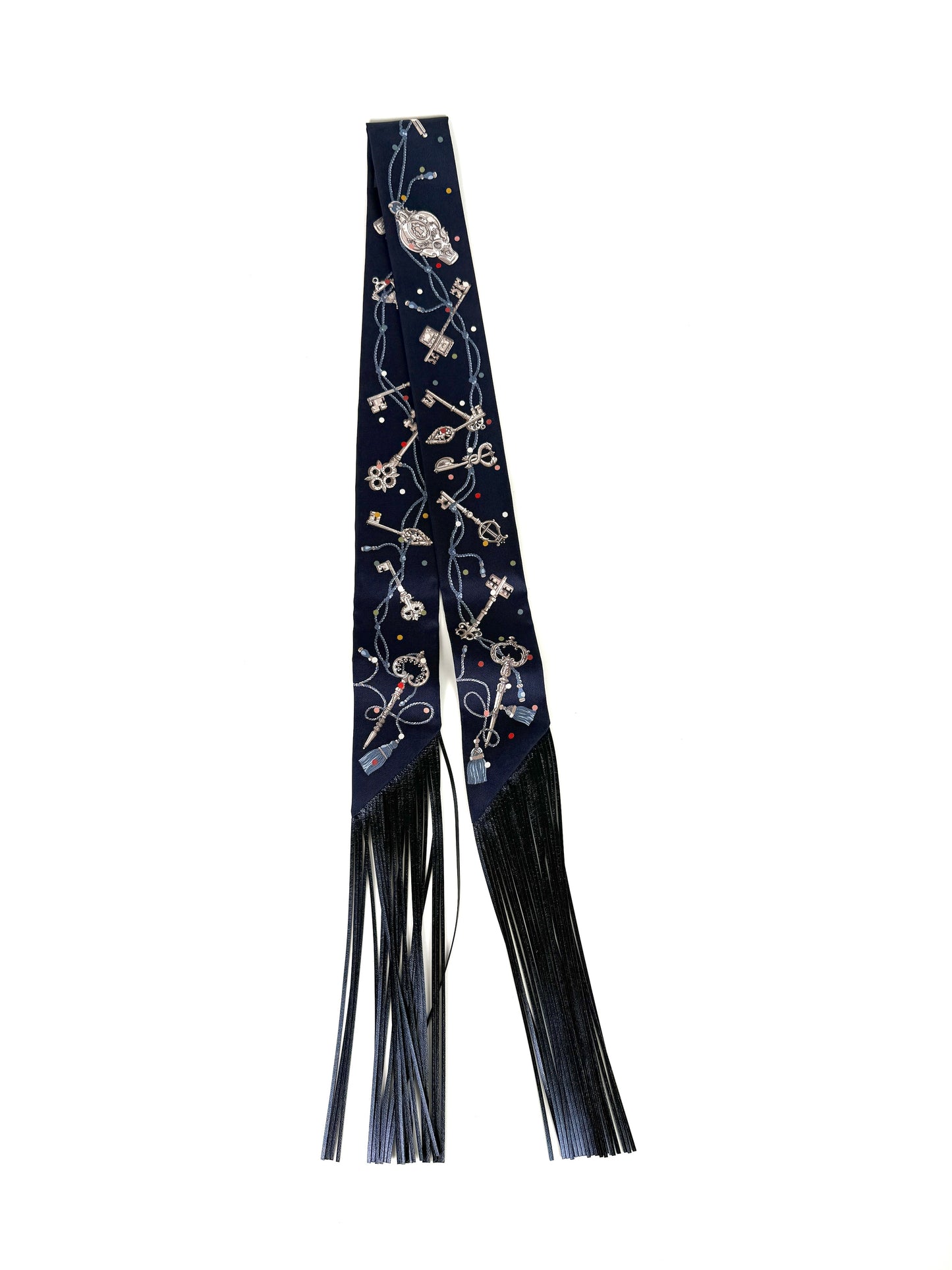 HERMES Les Cles a Pois Bleu Marine Gris Argent Silk Calfskin Leather Fringes Twilly Scarf New