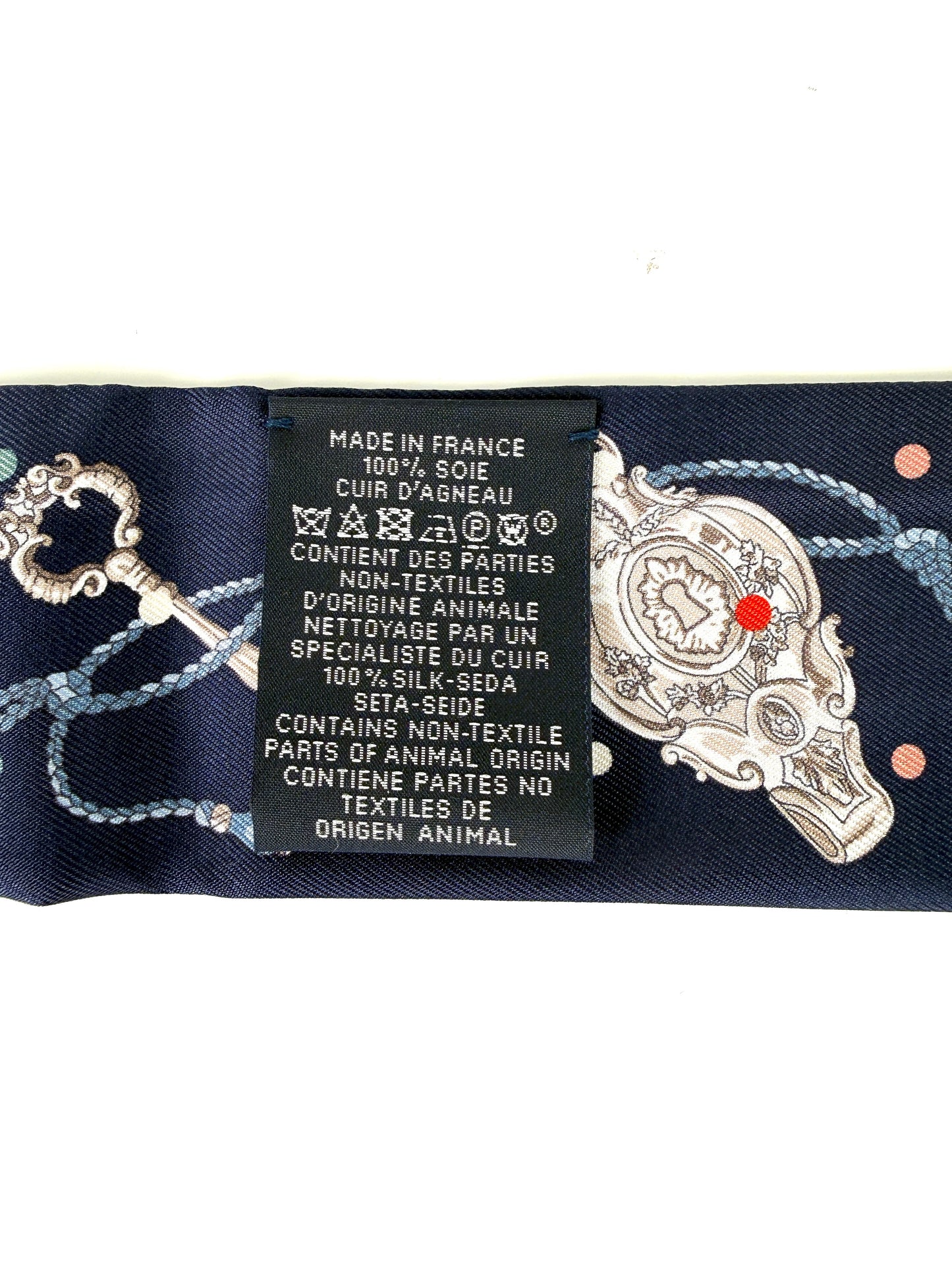 HERMES Les Cles a Pois Bleu Marine Gris Argent Silk Calfskin Leather Fringes Twilly Scarf New