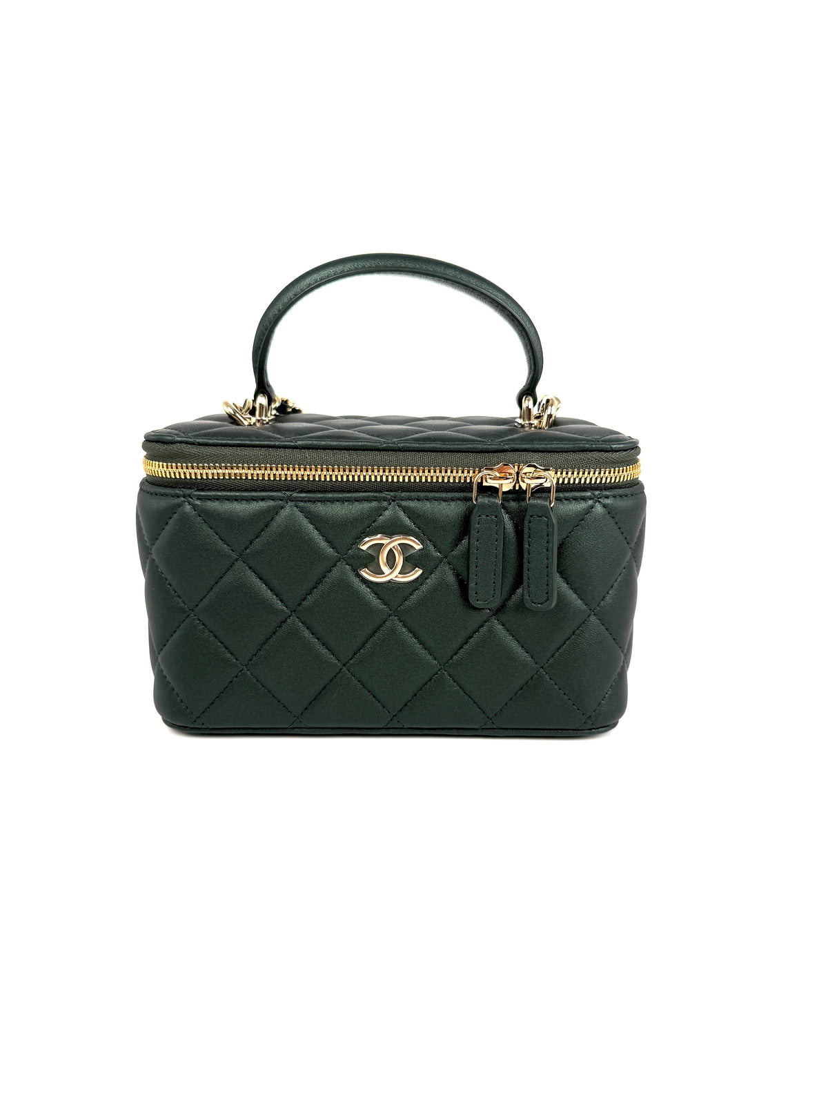 CHANEL Vanity Iridescent Lambskin Quilted Green Small Top Handle Case with Chain Bag New