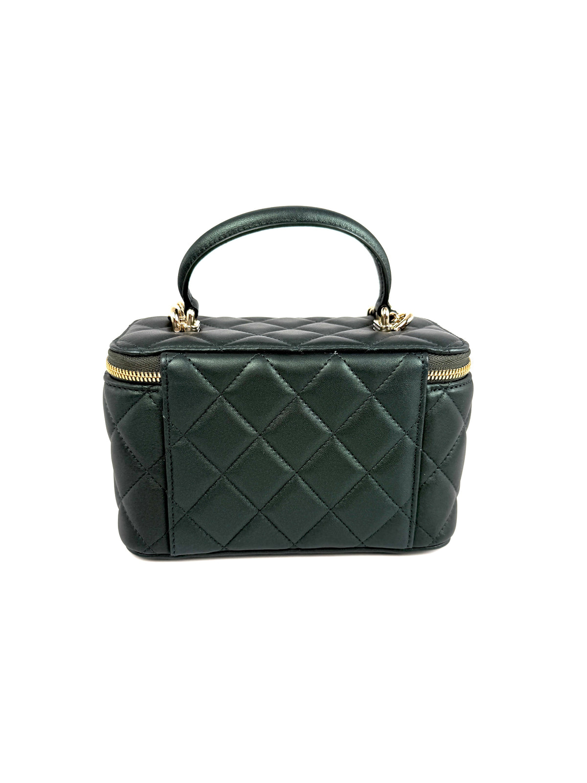 CHANEL Vanity Iridescent Lambskin Quilted Green Small Top Handle Case with Chain Bag New