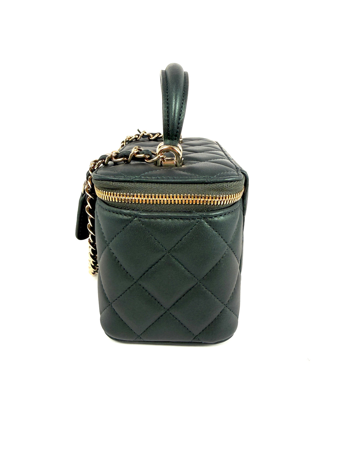CHANEL Vanity Iridescent Lambskin Quilted Green Small Top Handle Case with Chain Bag New