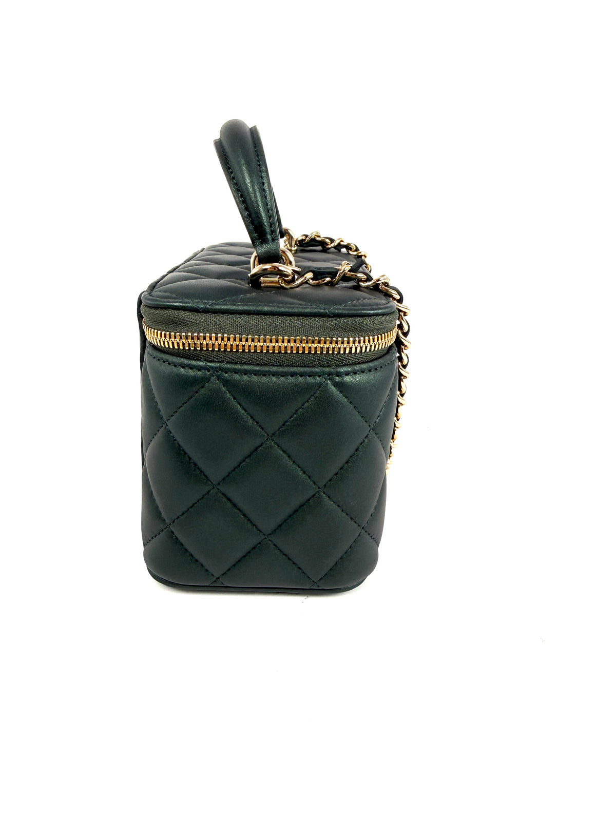 CHANEL Vanity Iridescent Lambskin Quilted Green Small Top Handle Case with Chain Bag New