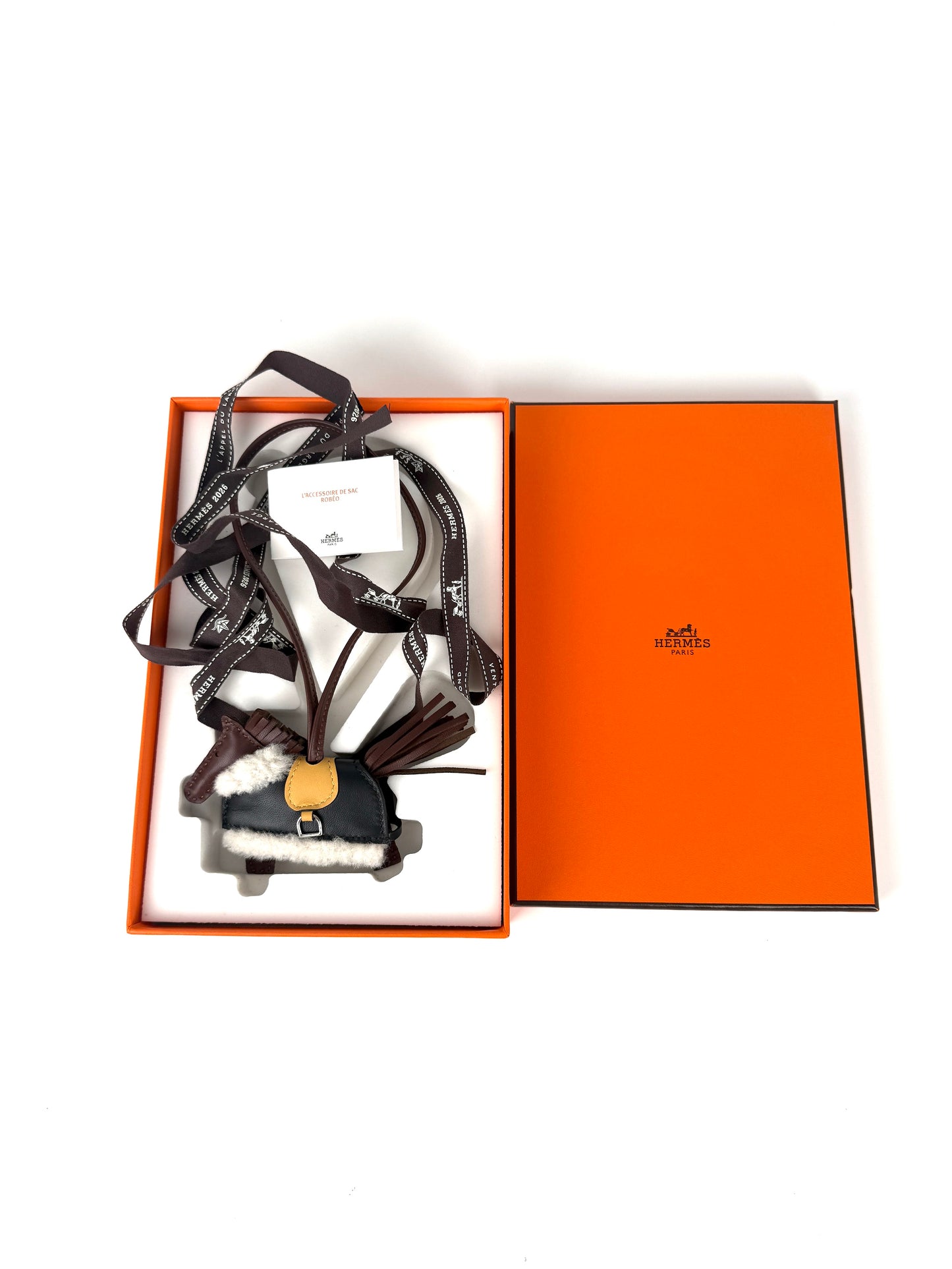 HERMES Rodeo Robeo Plush Charm PM Terre Paille Black Ecru Milo Lambskin and Wool Palladium Hardware New in box