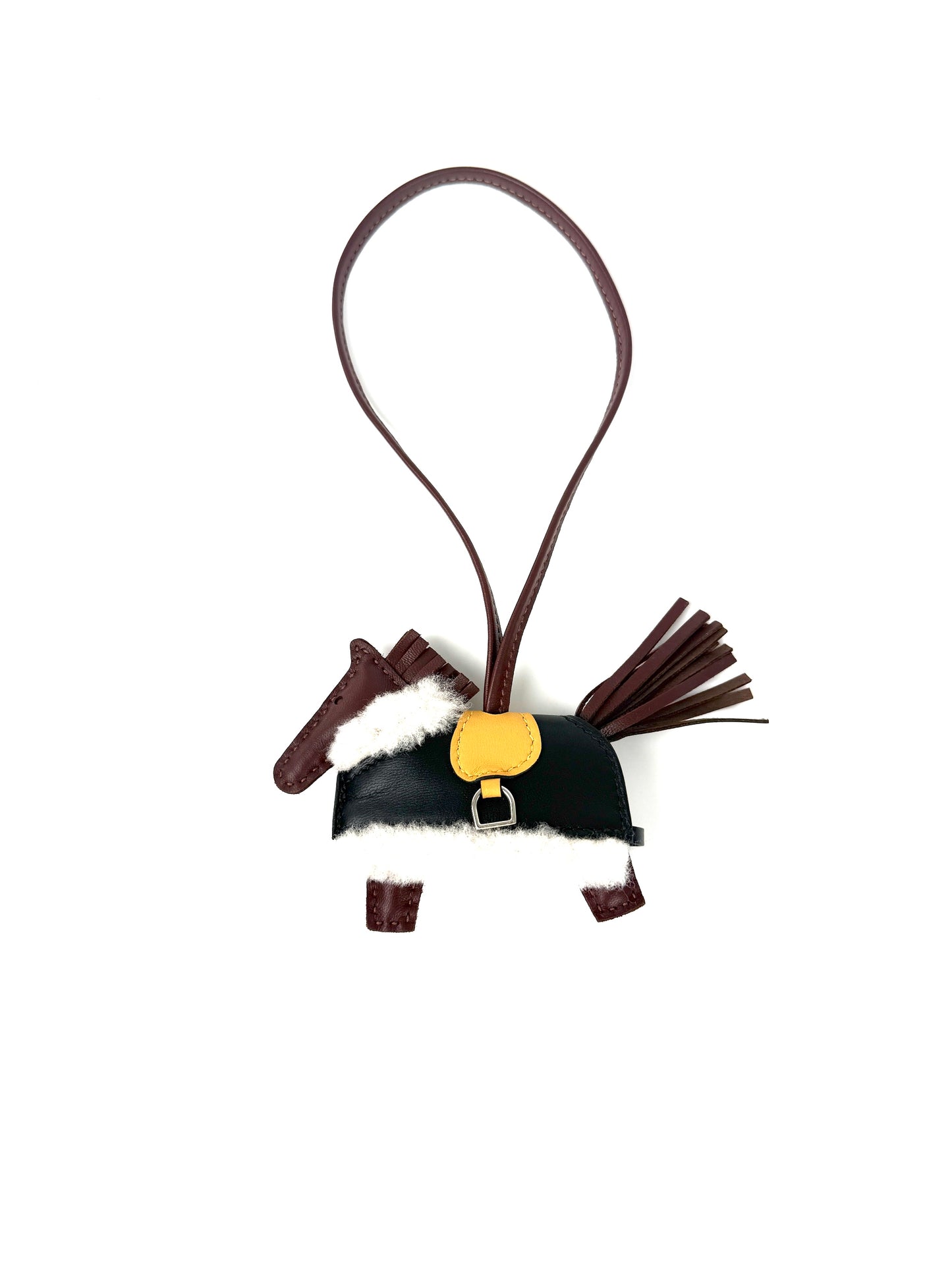 HERMES Rodeo Robeo Plush Charm PM Terre Paille Black Ecru Milo Lambskin and Wool Palladium Hardware New in box